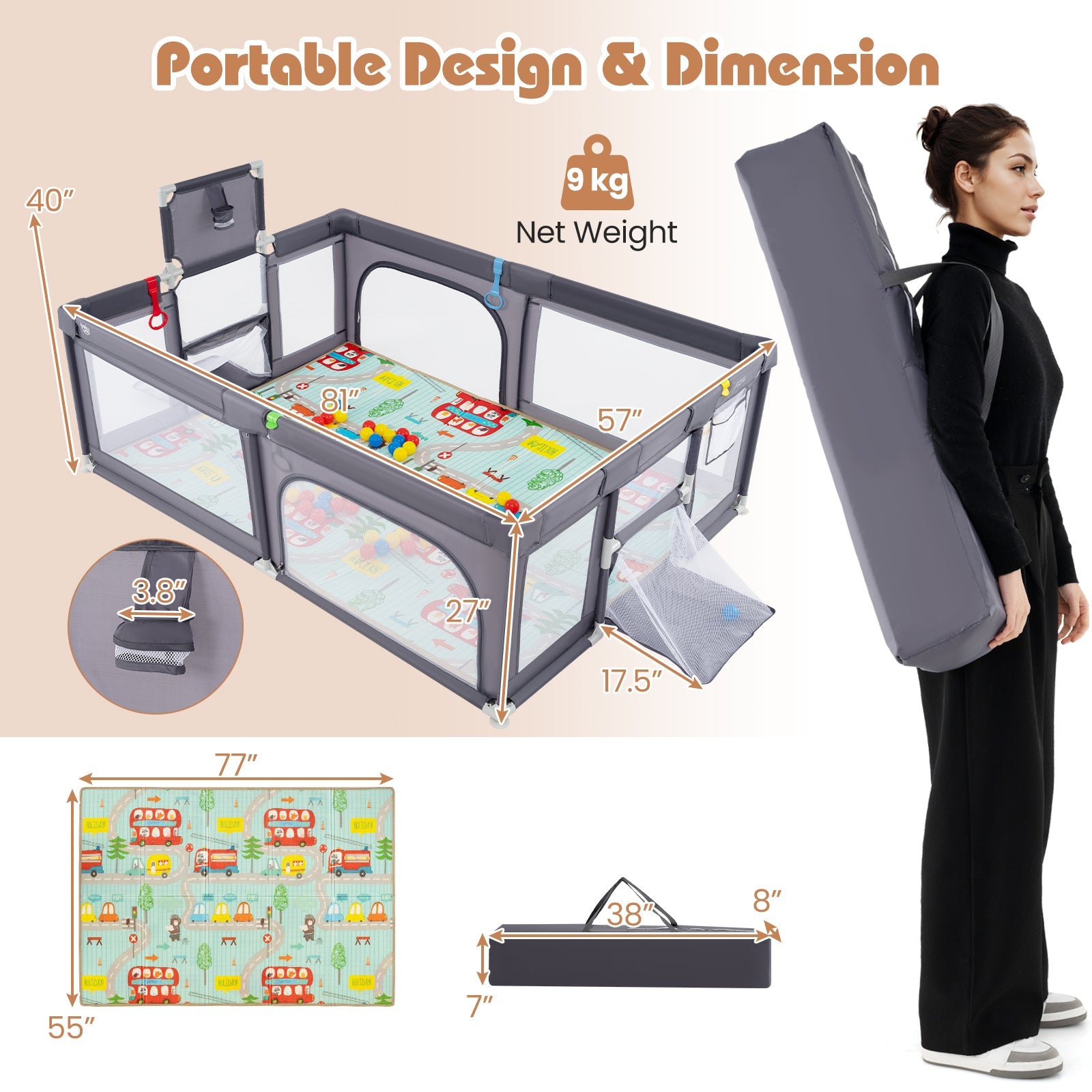 Large Baby Playpen with Mat & Ocean Balls - Dark Gray Safety Play Yard for Toddlers - Perfect for Indoor Playroom, Nursery, or Living Room