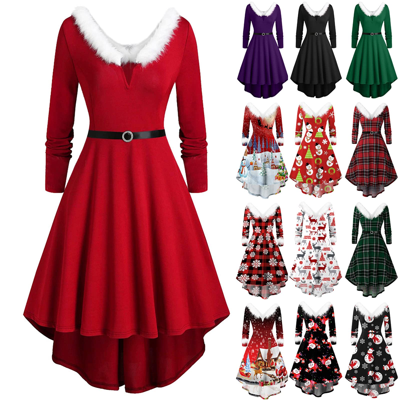 Jsarle Plus Size Christmas Party Dresses for Women - Elegant Long Sleeve Furry V-Neck Swing Maxi Dress for Cocktail, Wedding Guest & Holiday Events - Perfect for Office Parties, Family Gatherings & New Year Celebrations