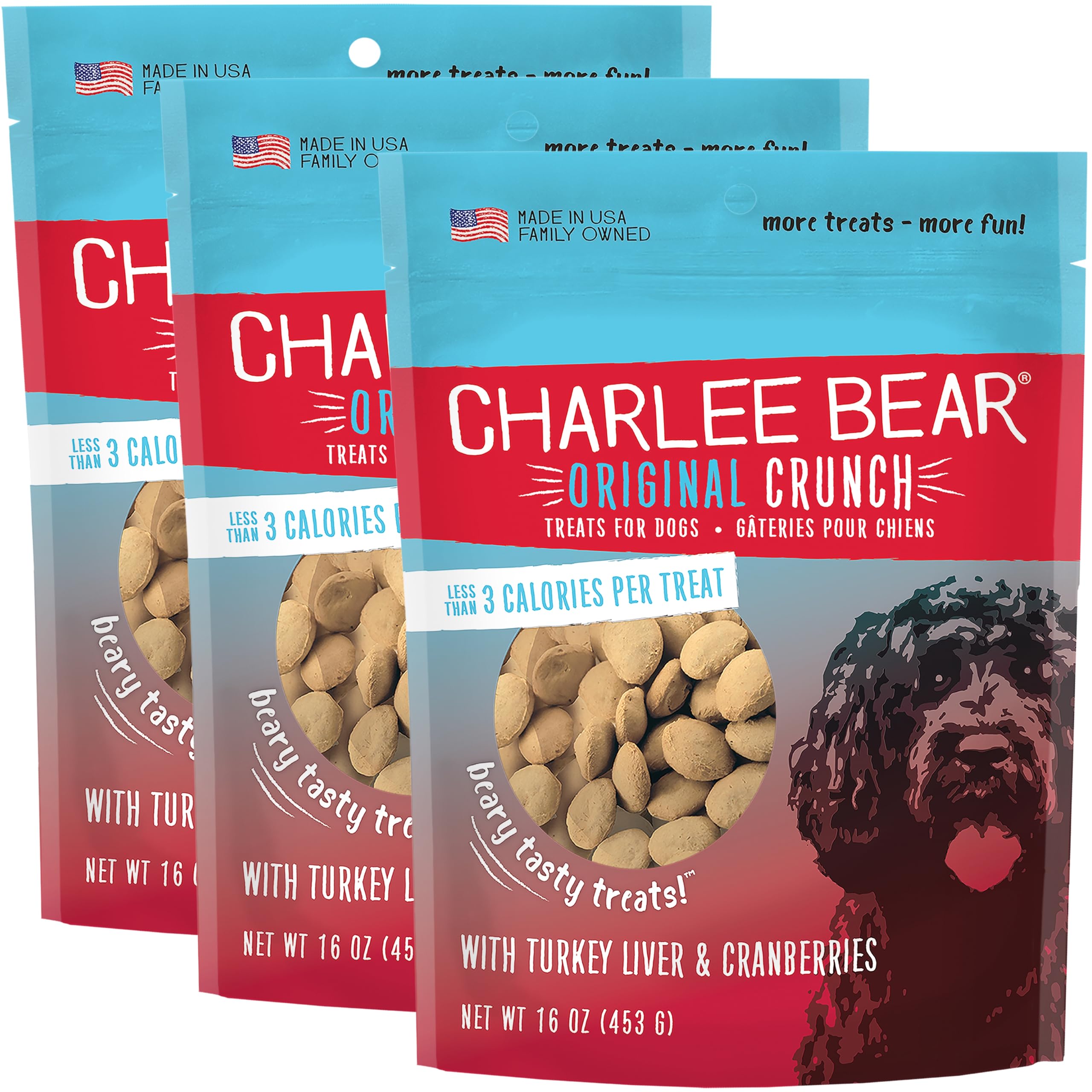 Charlee Bear Original Crunch Turkey Liver & Cranberries Dog Treats - All Natural, Made in USA, Grain Free Training Snacks for Small & Large Dogs (16 oz, 3-Pack) - Perfect for Obedience Training, Rewards & Dental Health