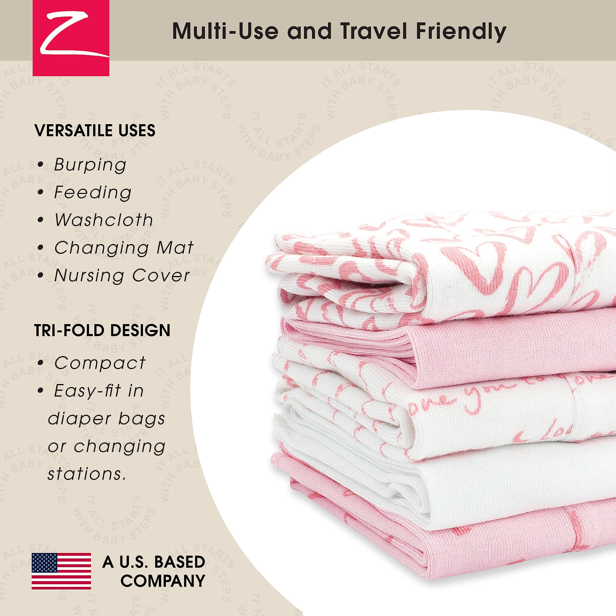 Zutano 5-Pack Organic Baby Burp Cloths - Large Soft Cotton Spit-Up Rags for Newborns & Infants | Ultra Absorbent Unisex Burping Clothes | Essential Baby Shower Gift (Pink Hearts) - Perfect for Feeding, Diaper Bag & Nursery Use