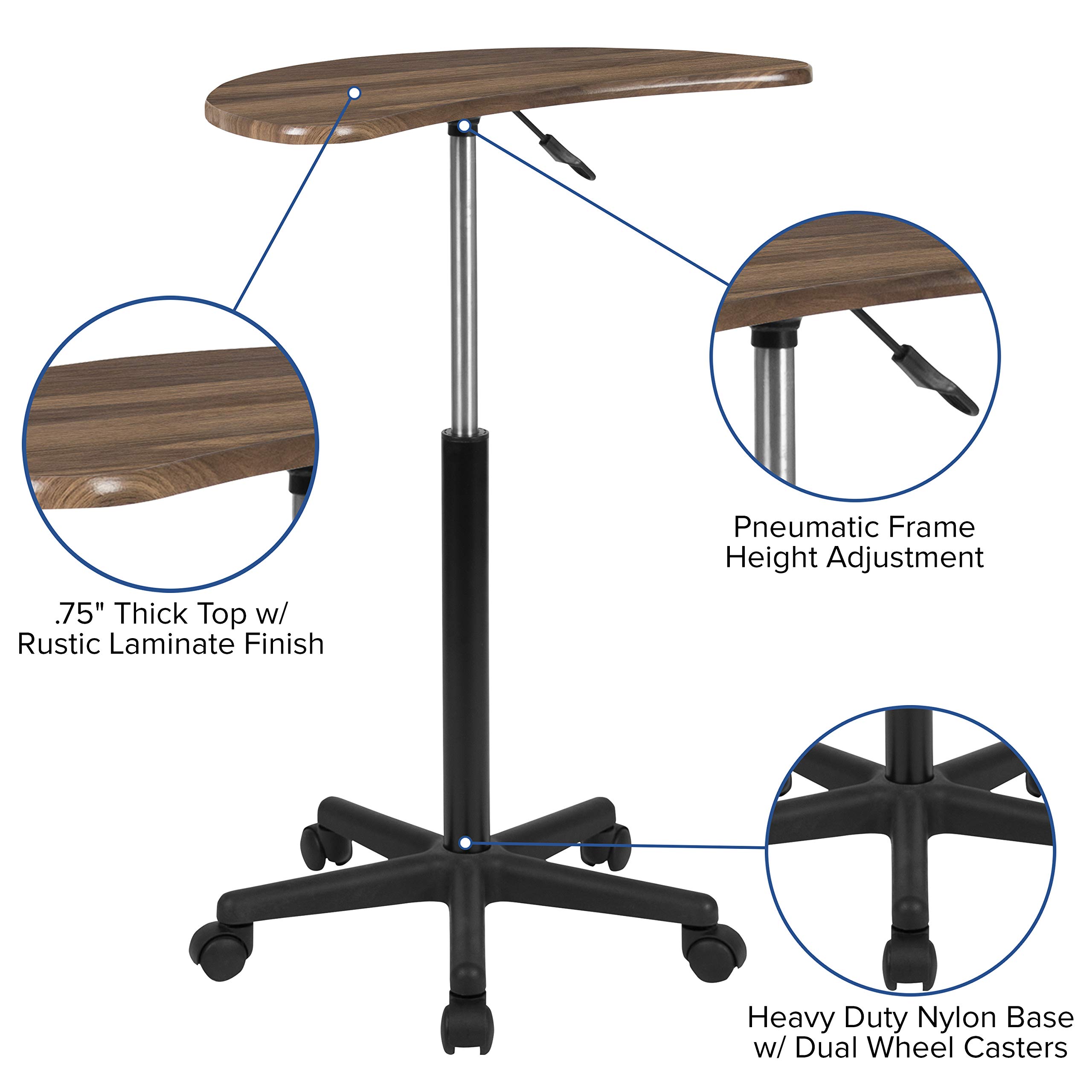 EMMA + OLIVER Rustic Walnut Adjustable Height Mobile Laptop Desk - Portable Rolling Standing Computer Workstation for Home Office & Small Spaces