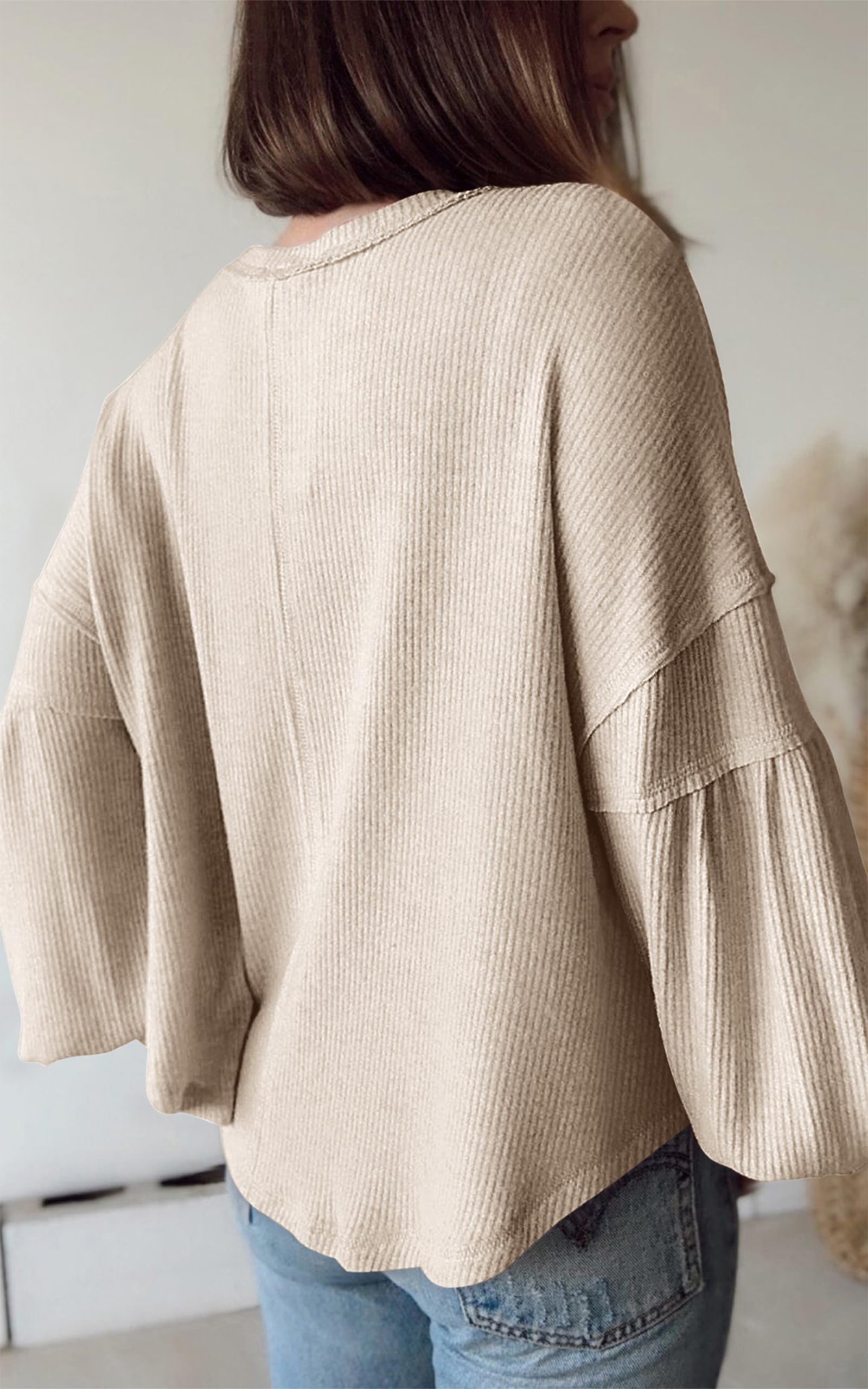 BTFBM Women's Ribbed Long Sleeve T-Shirt - Soft V-Neck Pullover Knit Blouse, Loose Fit Tunic Top for Spring & Summer 2025 | Casual Outfits, Layering, Workwear & Weekend Wear