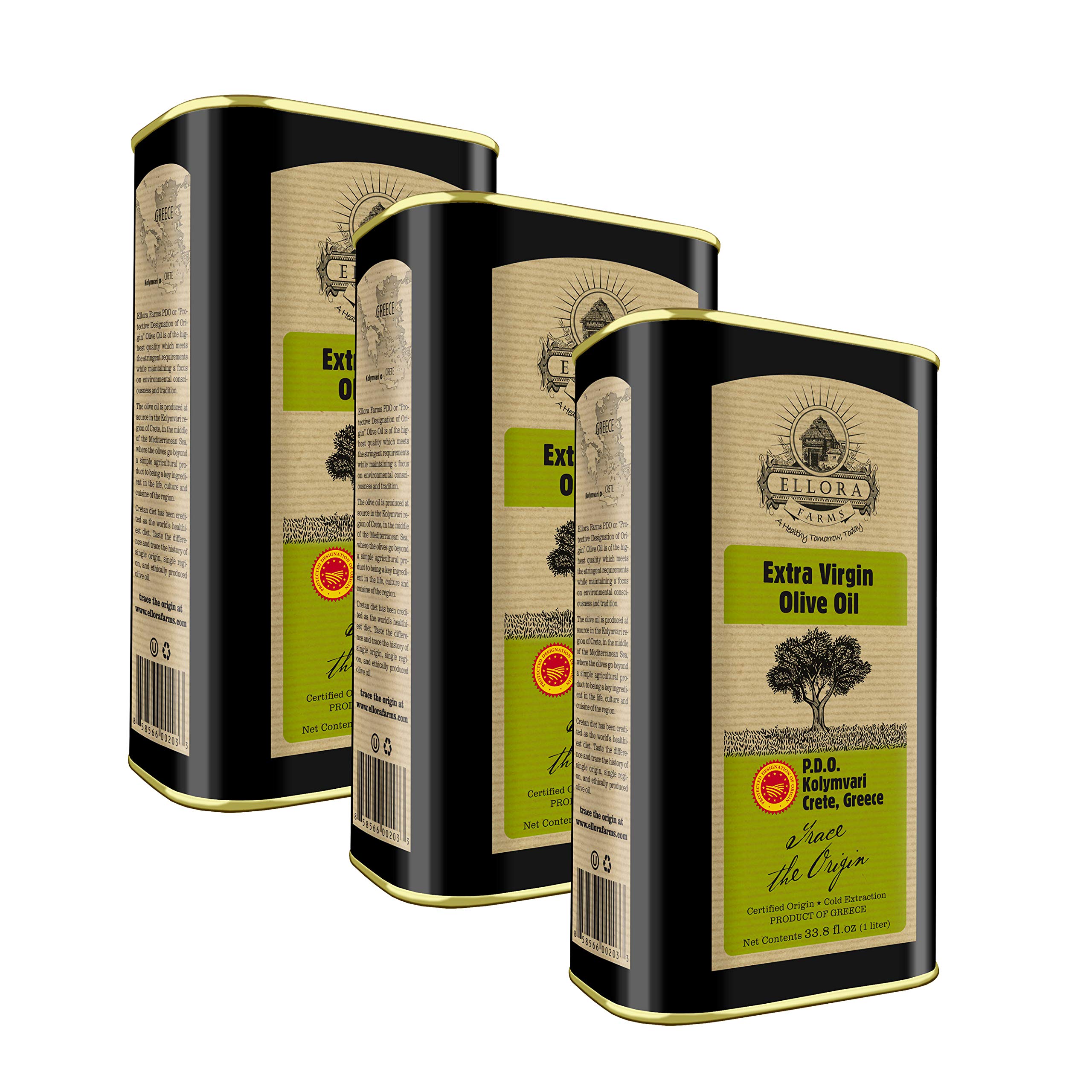 Ellora Farms Greek Extra Virgin Olive Oil - Certified Single Estate PDO, Traceable, Harvested in Crete, Kosher Certified, 1L x 3 Tins (101.4 Fl Oz) - Perfect for Cooking, Salad Dressings & Gourmet Recipes