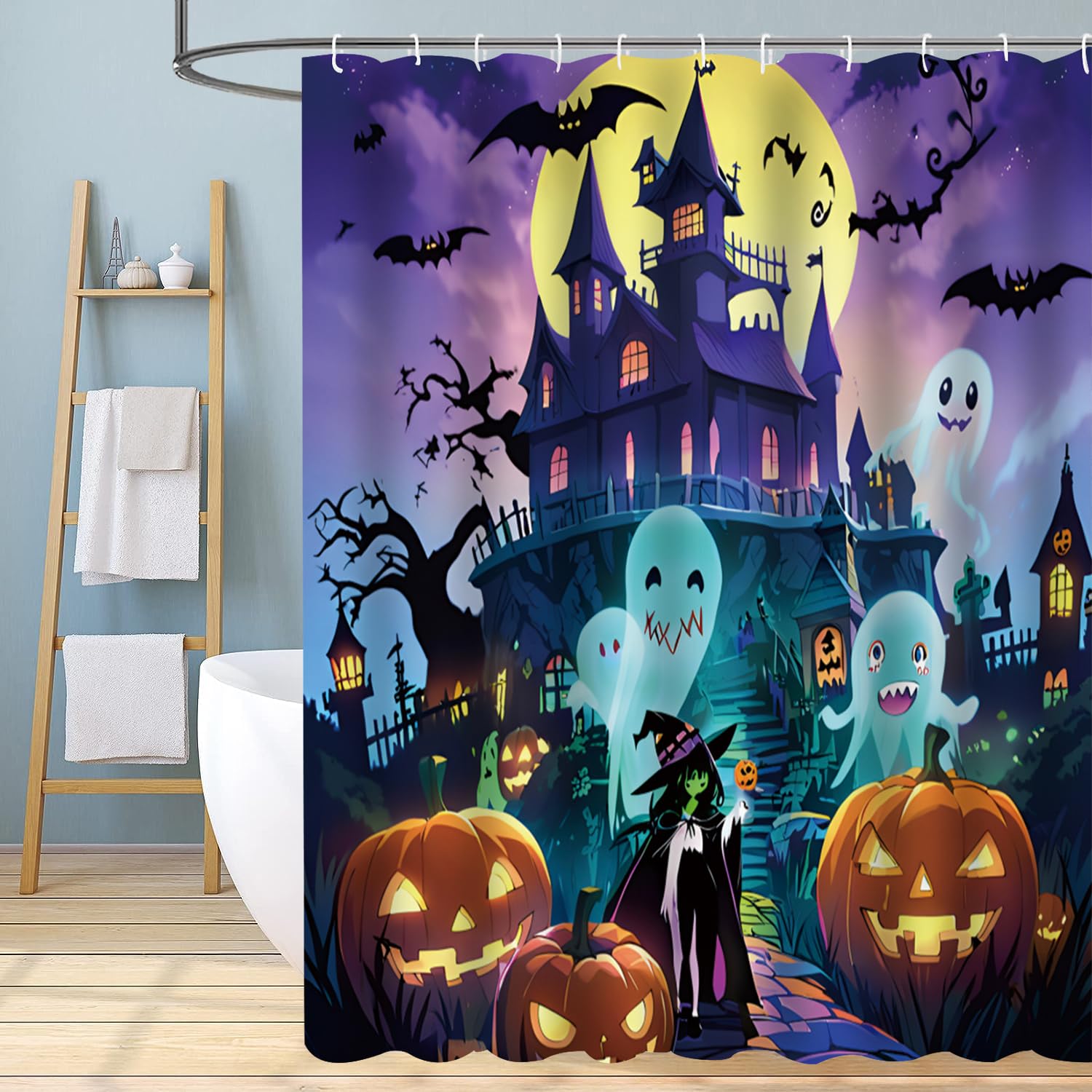 Scary Halloween Shower Curtain Set - Waterproof 72x72 Inch Spooky Castle & Haunted House Design with Hooks - Perfect for Bathroom Decor, Halloween Party & Indoor Home Decoration