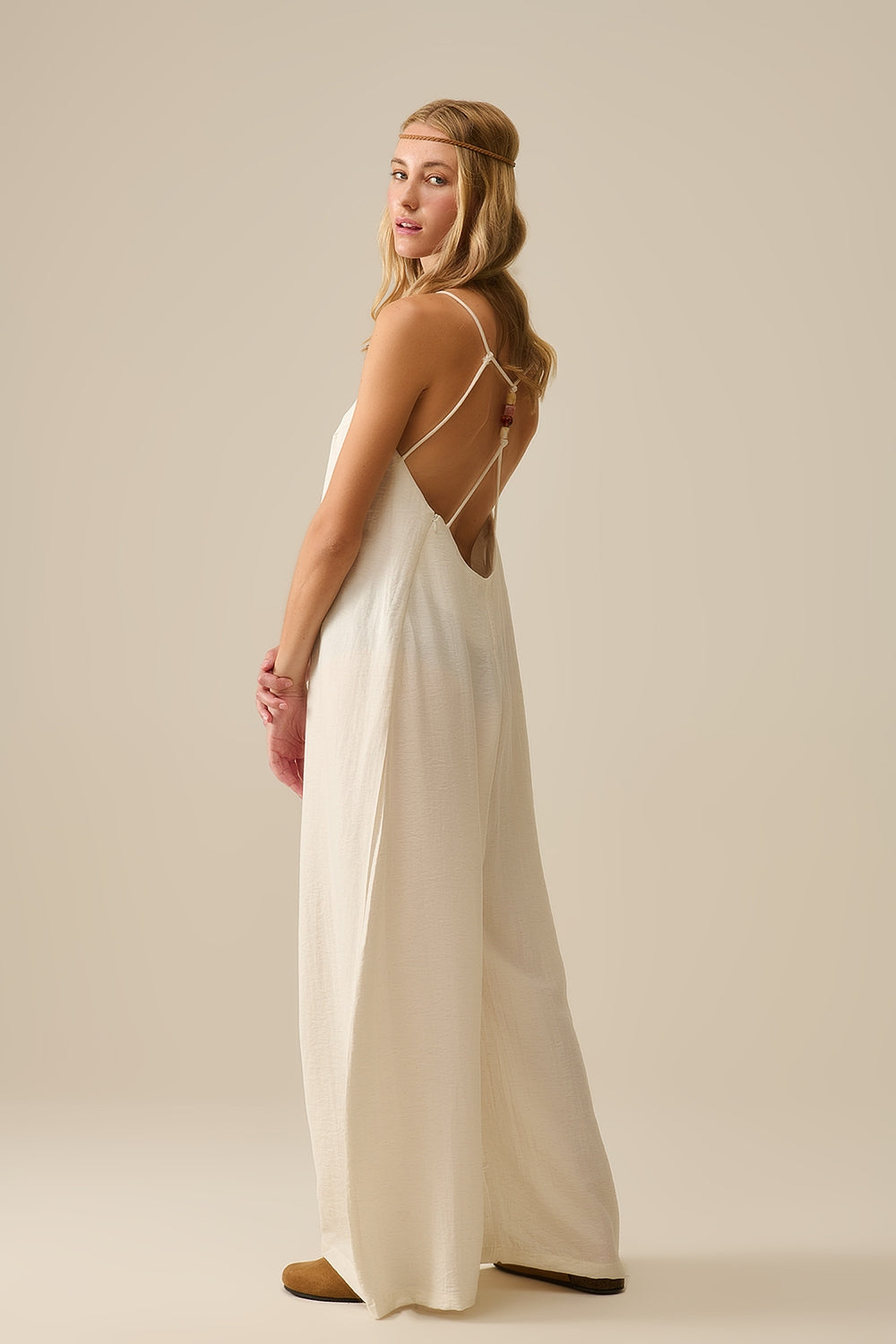 Elegant Cream Textured Long Dress with Beaded Straps - Perfect for Weddings, Parties & Special Occasions