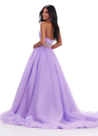 ASHLEYlauren 11546 Elegant Organza Ball Gown with Beaded Belt - Perfect for Prom, Wedding, and Formal Events