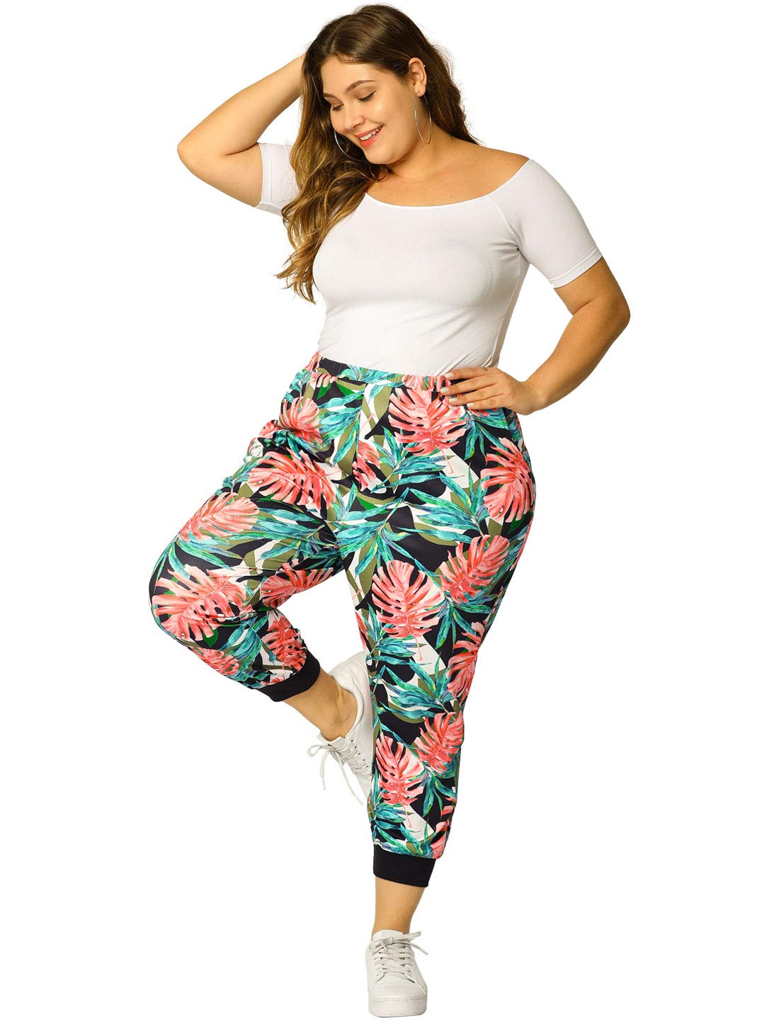 **Agnes Orinda Women's Plus Size Sweatpants with Elastic Waist & Pockets - Tropical Floral Jogger Harem Pants for Casual Wear, Lounge & Travel (2023)**