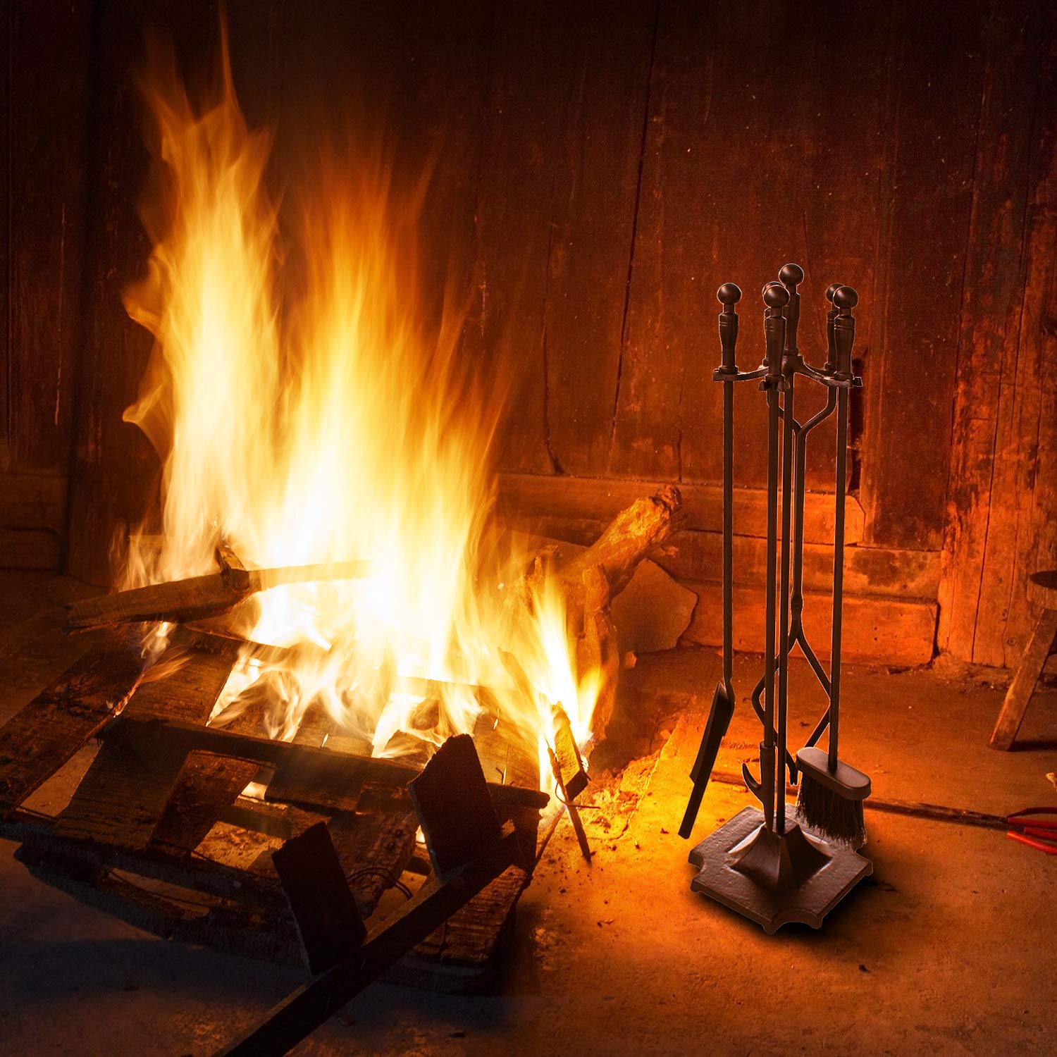 5-Piece Wrought Iron Fireplace Tool Set - Black Fire Pit Poker, Log Tongs & Holder Kit for Wood Stove - Perfect for Indoor Fireplaces, Outdoor Fire Pits & Camping