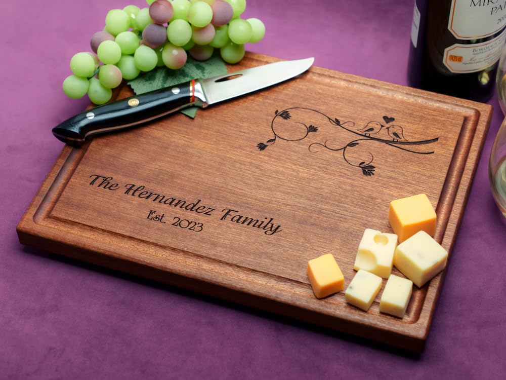 Straga Personalized Wood Cutting Boards - Handmade Engraved Charcuterie Board | Custom Wedding, Anniversary & Housewarming Gift for Couples, Newlyweds (Love Birds Design No.407) - Perfect for Cheese Platters, Charcuterie Displays & Romantic Gift Giving