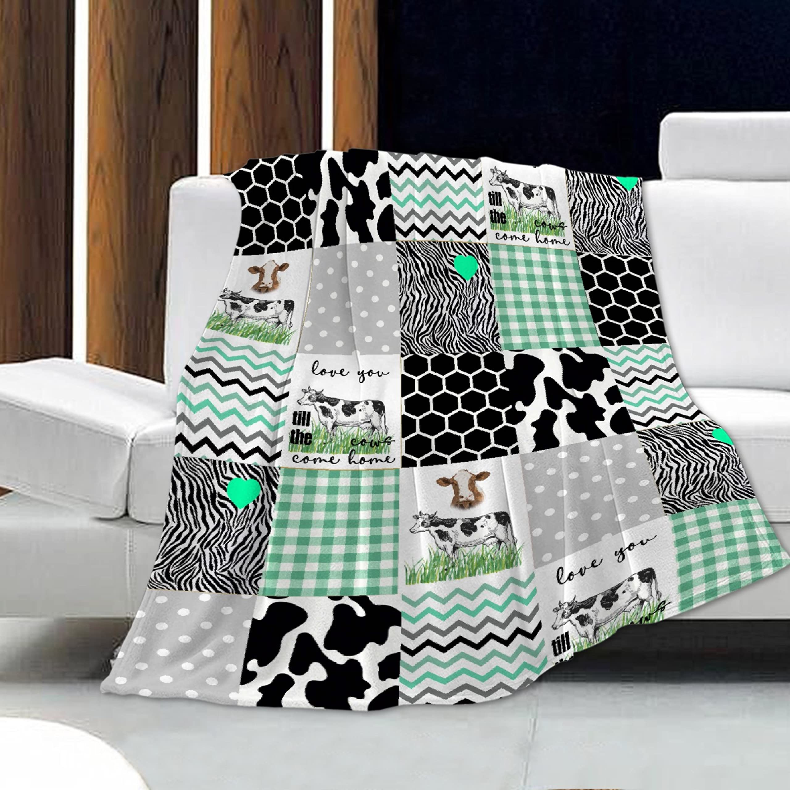 MFULEE Lightweight Flannel Blanket - Cartoon Cow Black & White Farm Animal Design, Plush Soft Throw for Kids, Couch, Bed & Chair - XL 90x120 Inch - Perfect Gift for Family & Home Decor