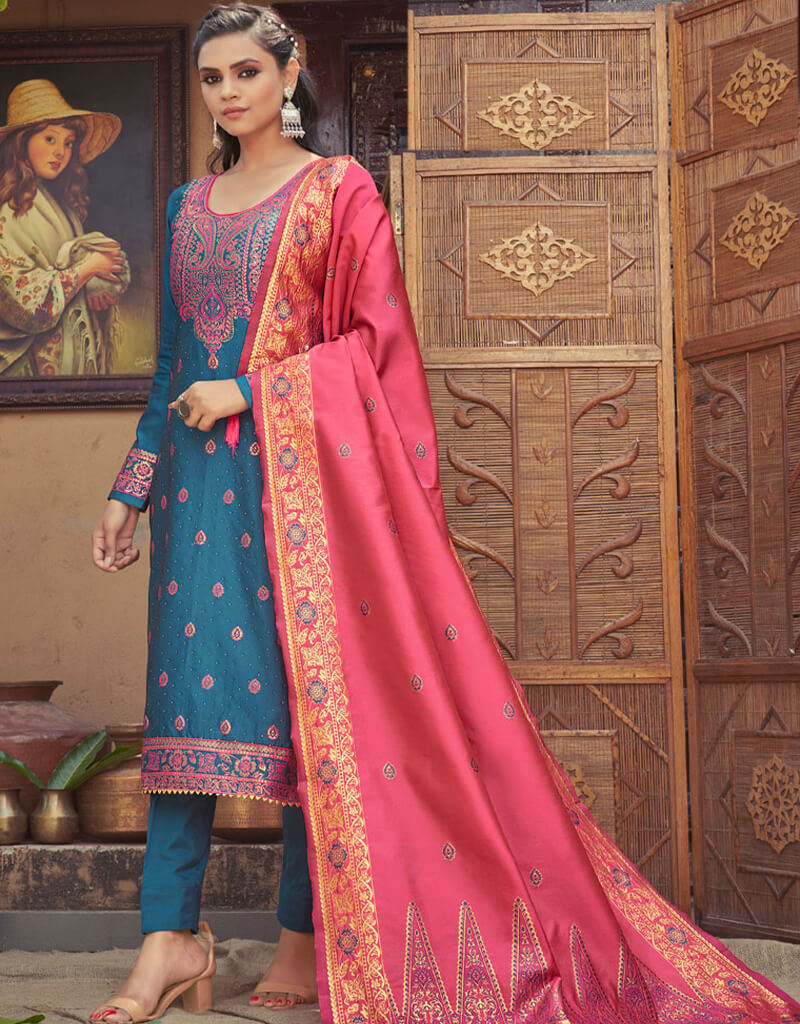 Banarasi Jacquard Aqua Blue Suit Pants - Traditional Indian Wedding Attire for Men - Perfect for Festivals, Ceremonies & Special Occasions