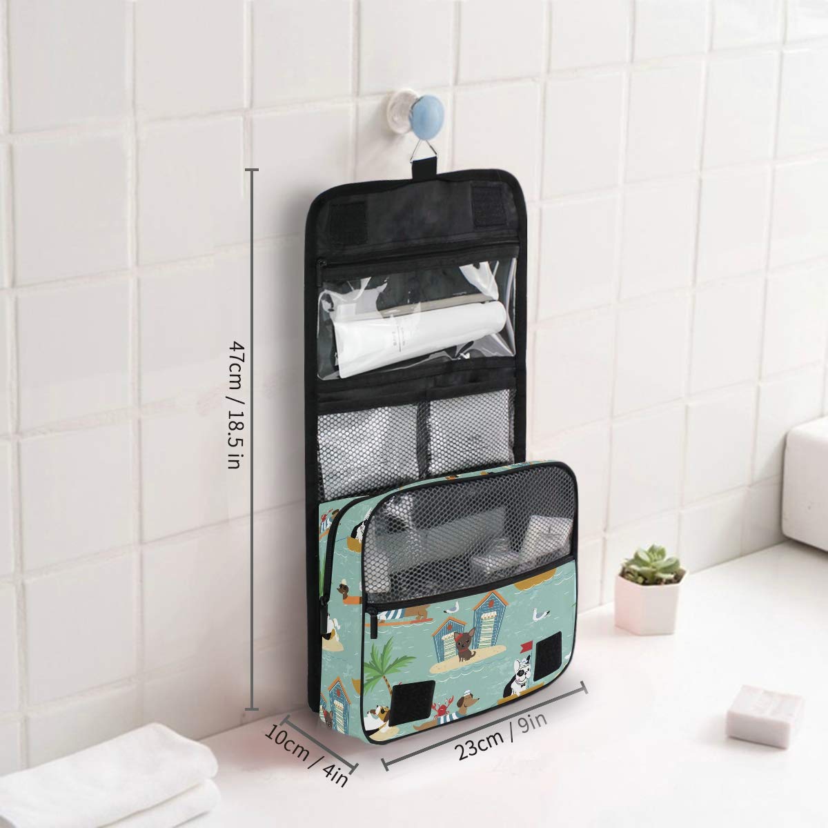Moyyo Hanging Toiletry Bag for Travel - Waterproof Beach Bulldog Dachshund Beagle Dog Print Cosmetic Organizer - Portable Wash Bag for Gym, Camping, Women, Girls & Kids - Perfect for Vacations, Outdoor Adventures & Daily Use