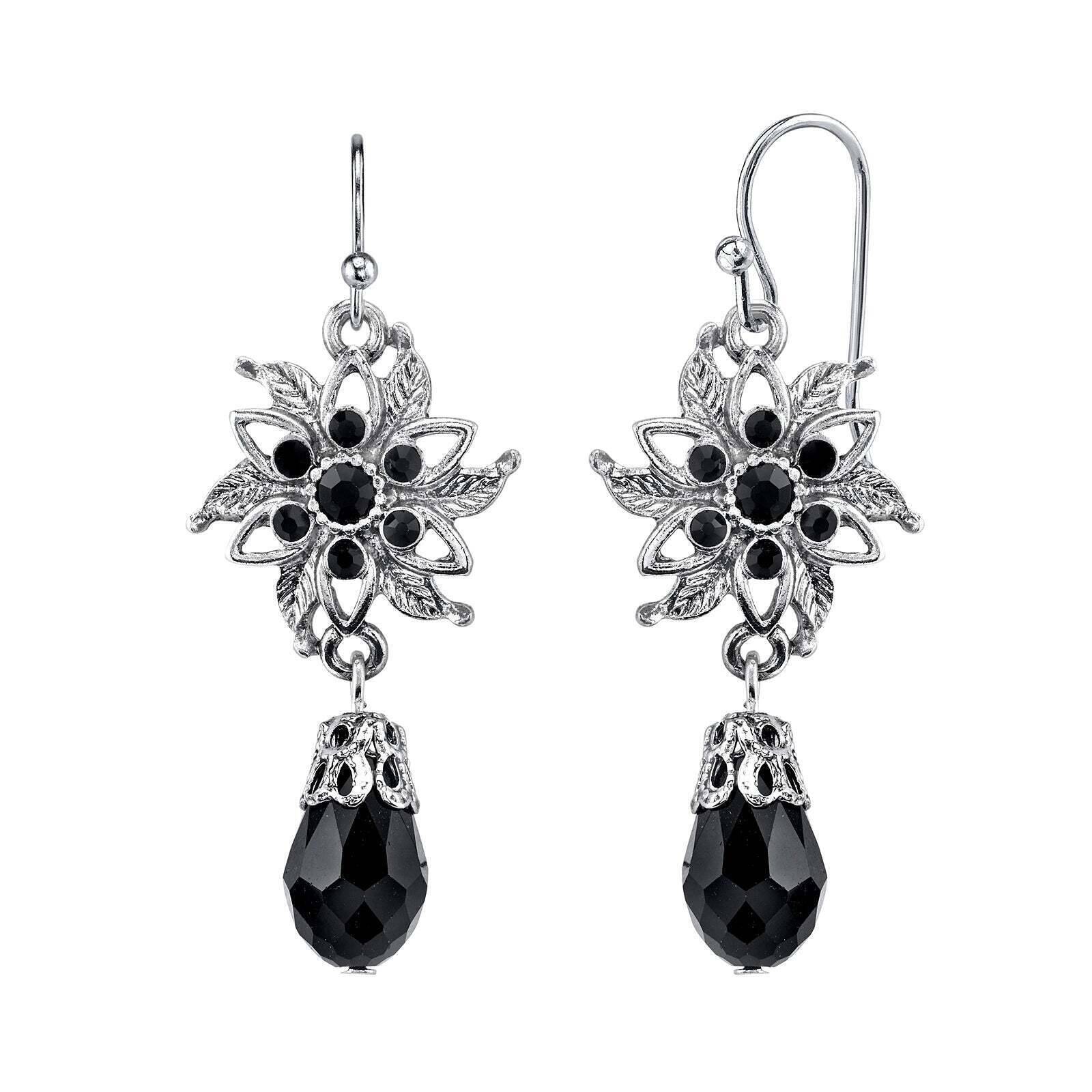 1928 Black Crystal Flower Dangling Earrings for Women – Elegant Jet Crystal Drop Earrings for Party, Wedding & Evening Wear