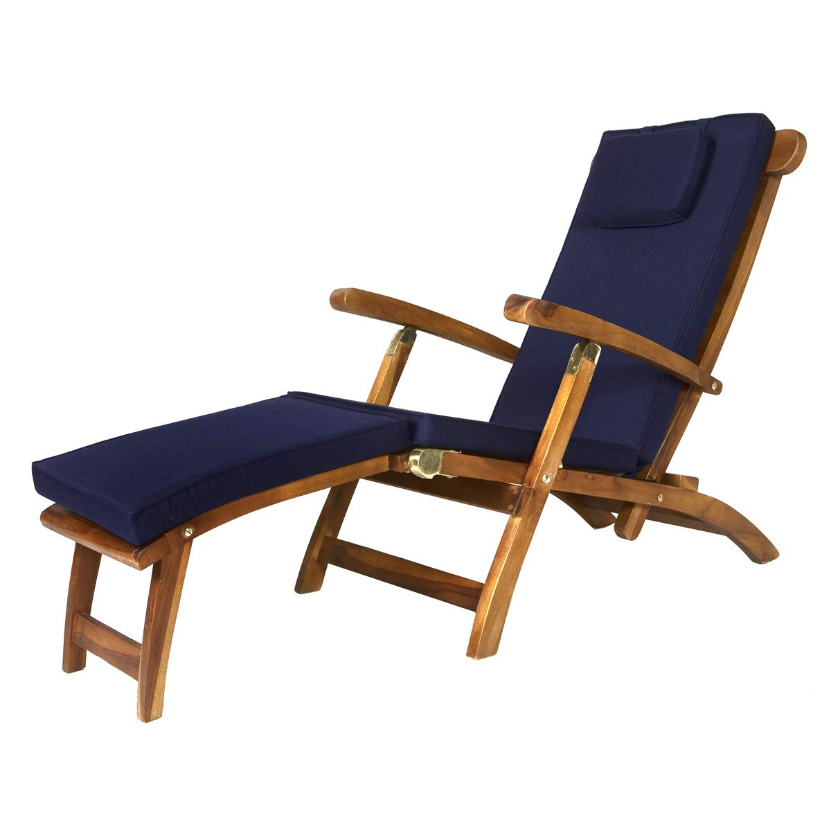 All Things Cedar TF53-B Teak Steamer Chair with Blue Cushion - Outdoor Patio Lounge Chair for Poolside, Beach, and Garden Relaxation