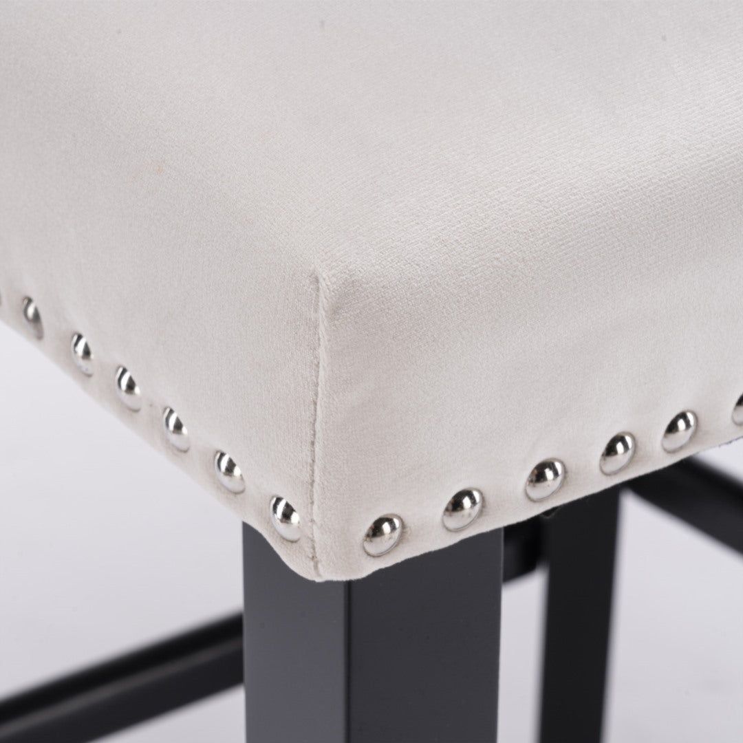 Velvet Upholstered Button Tufted Bar Stools with Wood Legs and Studs - Set of 4 Beige Counter Height Stools for Kitchen Island, Breakfast Bar & Home Decor