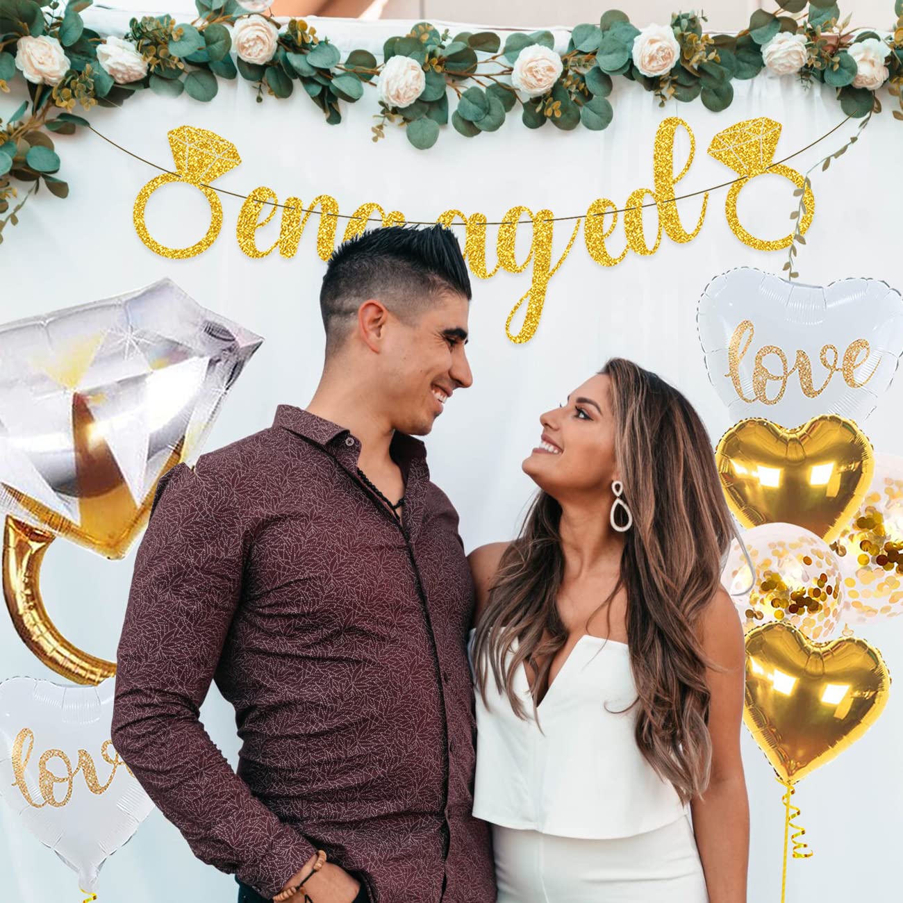 Sparkly Gold Engagement Party Decorations Set - Engaged Banner, Cake Toppers, Confetti & Ring Balloons for Wedding, Bridal Shower & Anniversary Celebrations | Elegant Glitter Party Supplies
