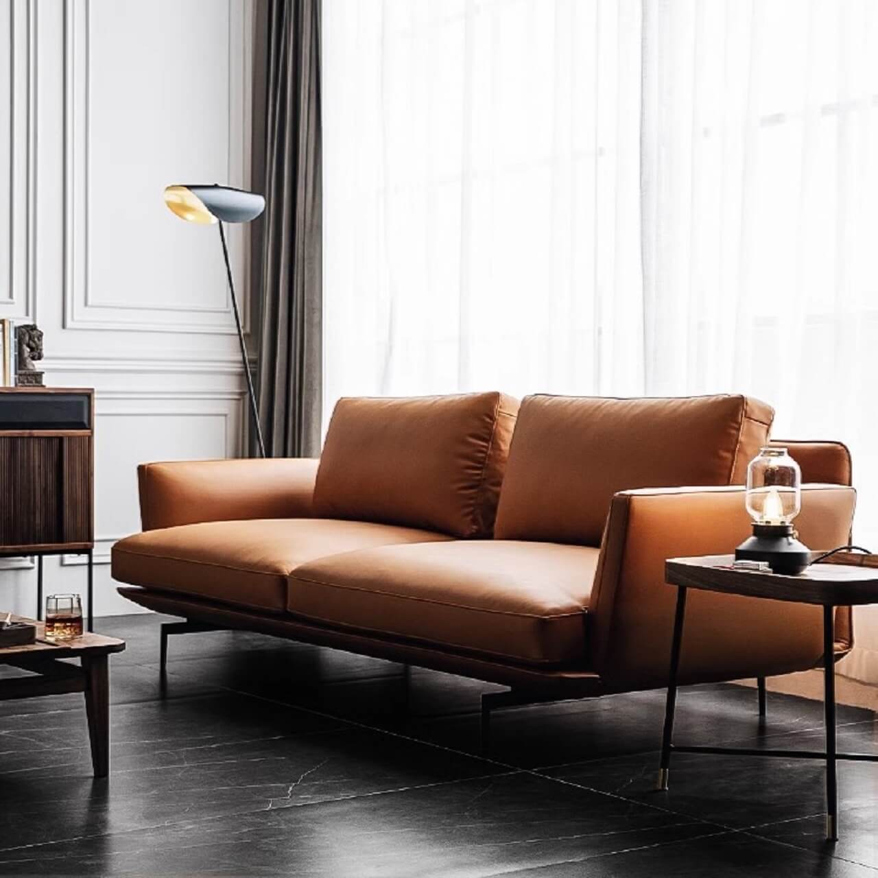 Minimalist Orange Microfiber Leather Sofa - Modern 88.58