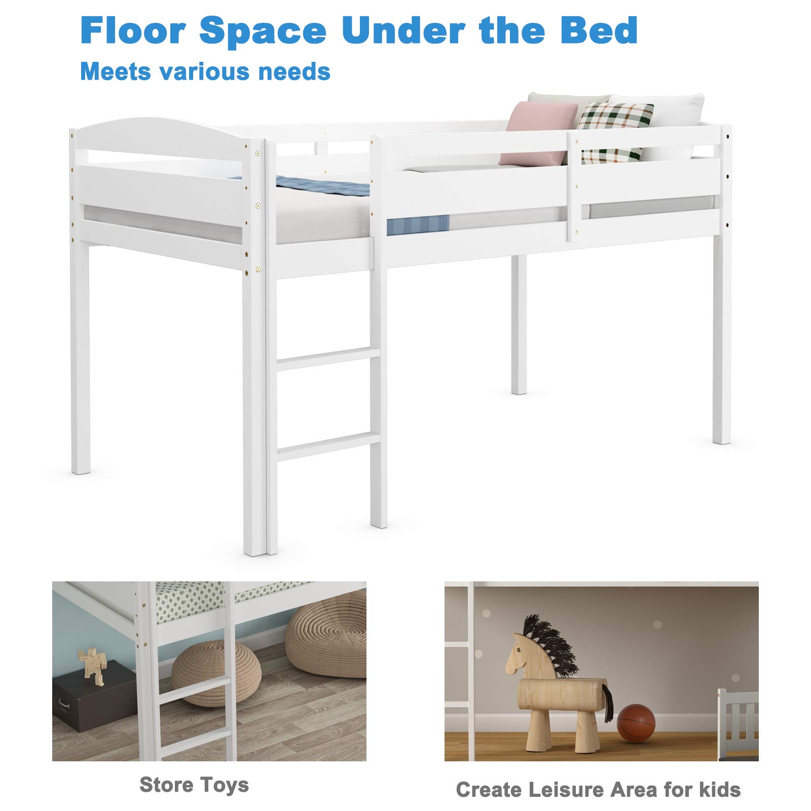 Costzon Twin Loft Bed with Guard Rail & Ladder - Solid Wood Low Loft Bed for Kids, No Box Spring Needed - Classic White Children's Bed with Storage - Perfect for Small Bedrooms, Dorm Rooms & Kids' Sleepovers