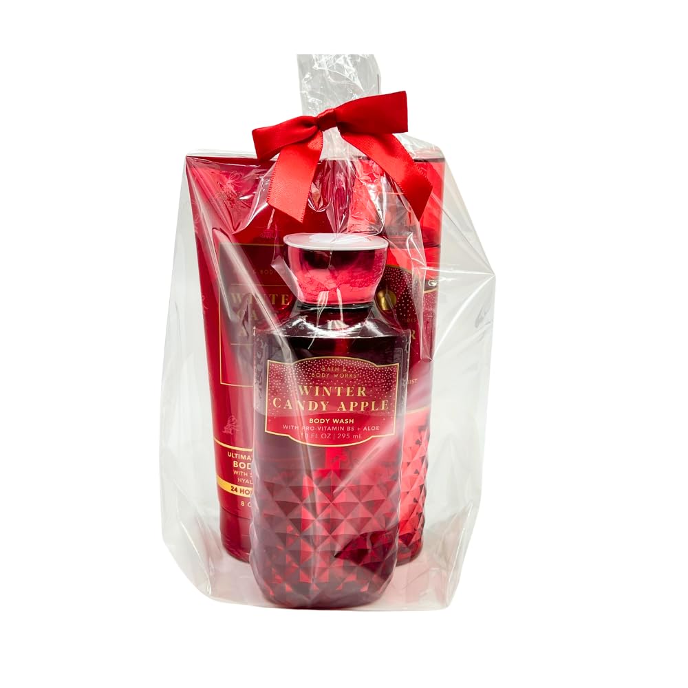Bath & Body Works Winter Candy Apple 3-Piece Gift Set with Red Bow - Body Wash, Fragrance Mist & Body Cream - Full Size Holiday & Christmas Gifts for Women, Friends & Family - Perfect for Gifting, Self-Care & Home Fragrance