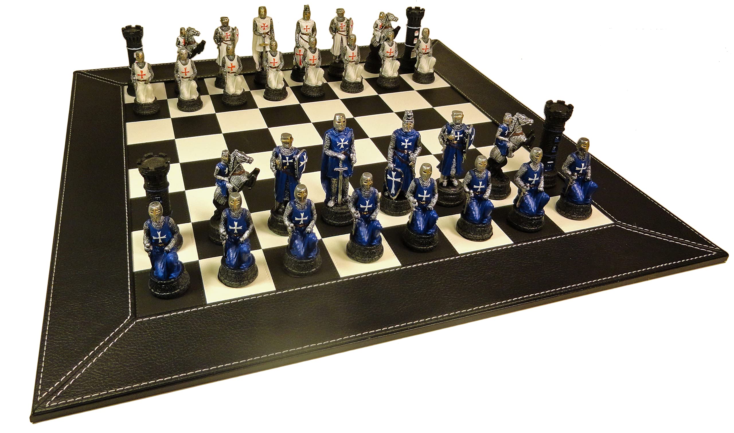 Hand-Painted Medieval Crusades Warrior Chess Set - White & Blue Pieces with 18
