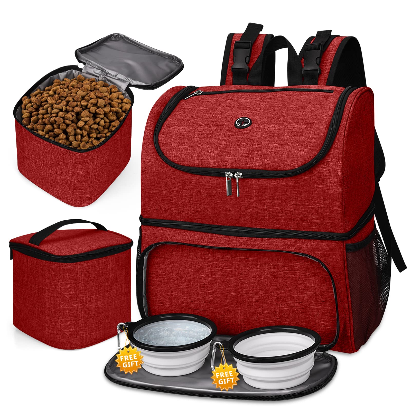 BAGLHER Pet Travel Backpack with Bowls - Double-Layer Pet Supplies for Dogs & Cats - Red