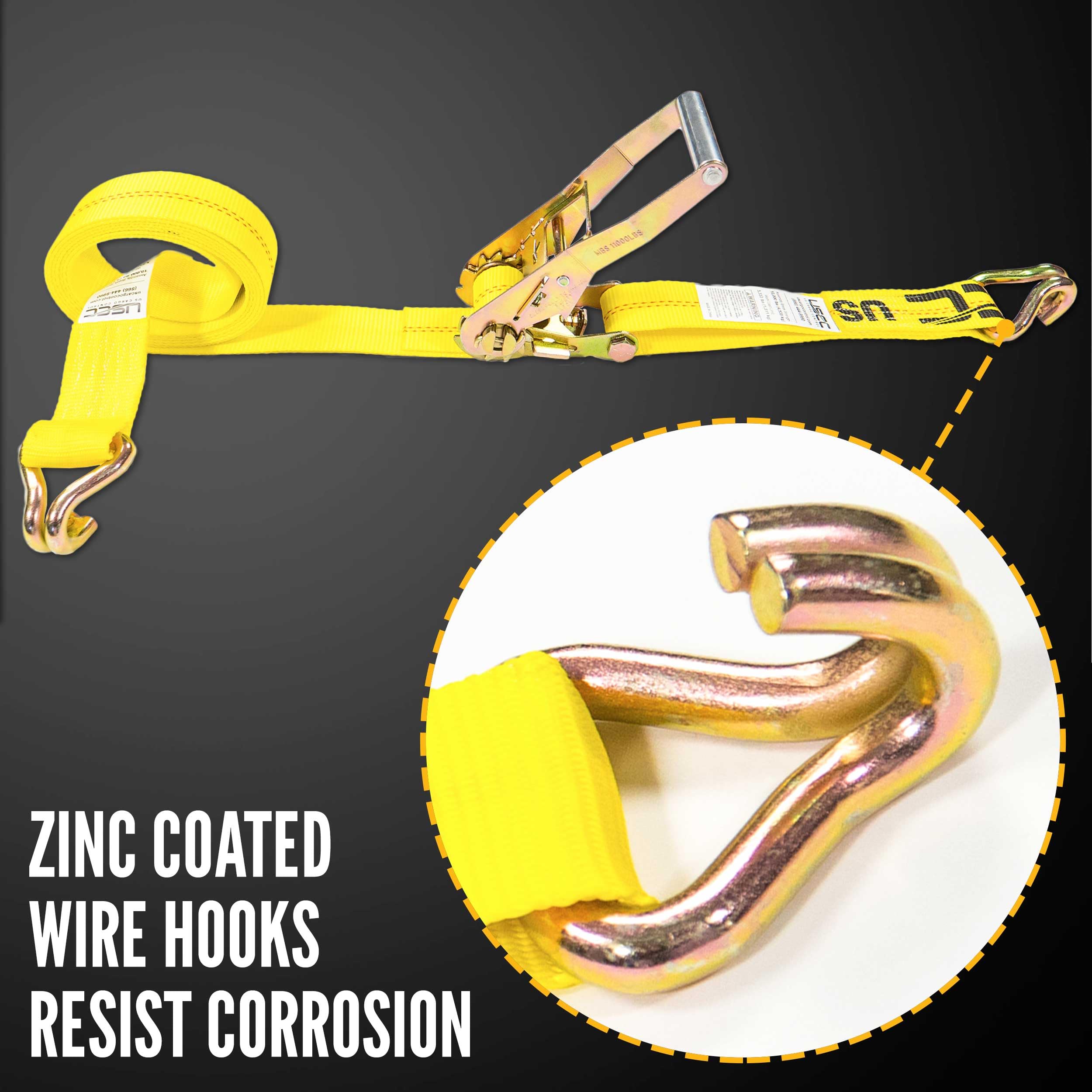 2 Inch x 24 Foot Heavy Duty Ratchet Straps with Double J Hooks - 4 Pack Yellow Tie Down Straps for Truck, Trailer & Cargo Securing - US Cargo Control Wire Hook Ratchet Straps