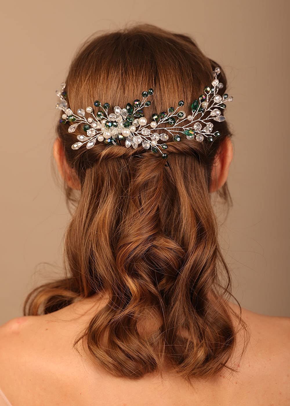 Denifery Emerald Bridal Hair Vine - Bohemian Wedding Headpiece with Green Crystals, Hair Comb for Brides, Perfect for Boho Weddings & Special Occasions
