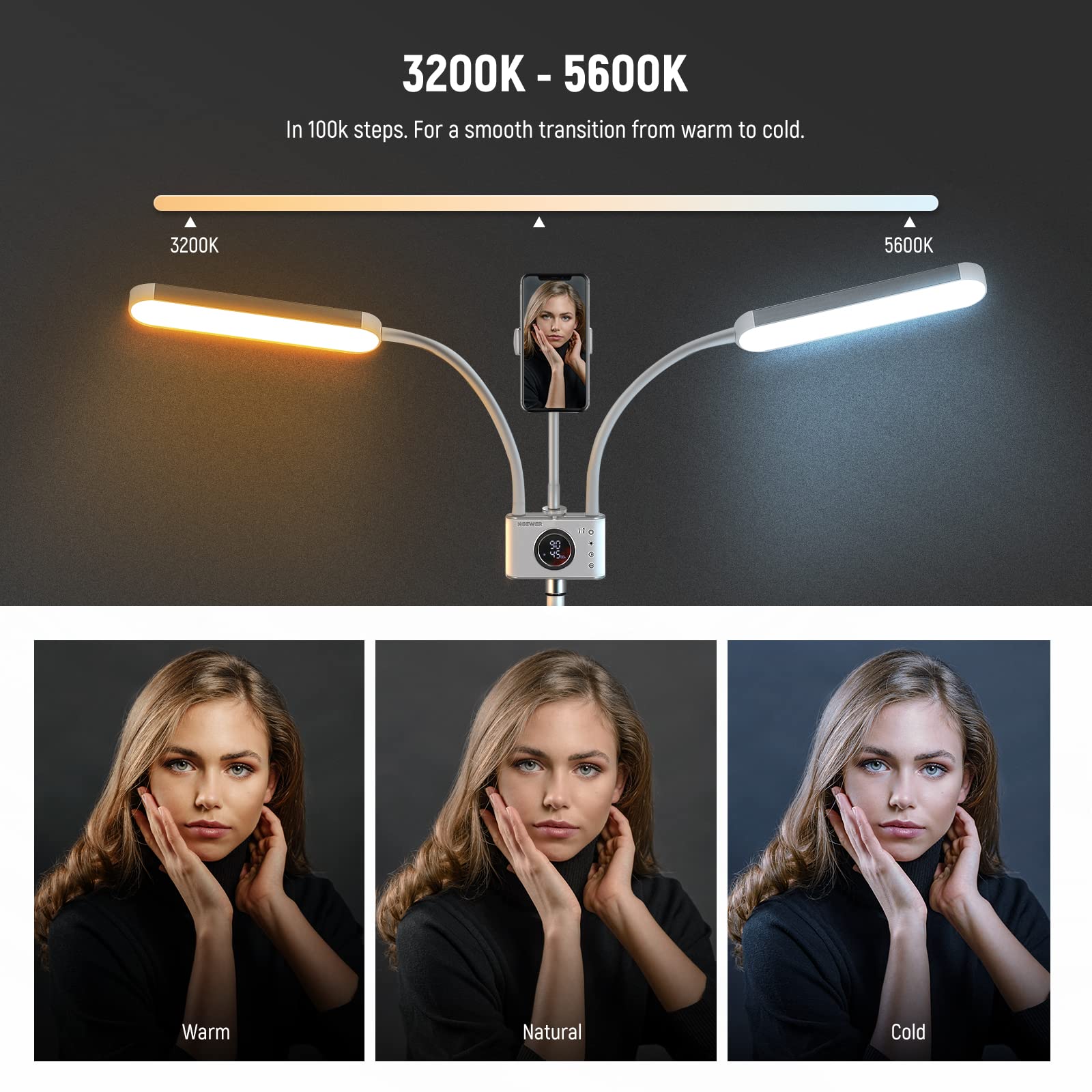 Professional NEEWER Esthetician LED Light with Phone Holder & Travel Bag - 2.4G/PC/MAC Control, Dual Independent CRI98+ Bi-Color Dimmable Heads for Tattoo, Lash Extensions & Beauty Treatments - Perfect for Salon, Spa & Mobile Beauty Professionals (Model BH40B)