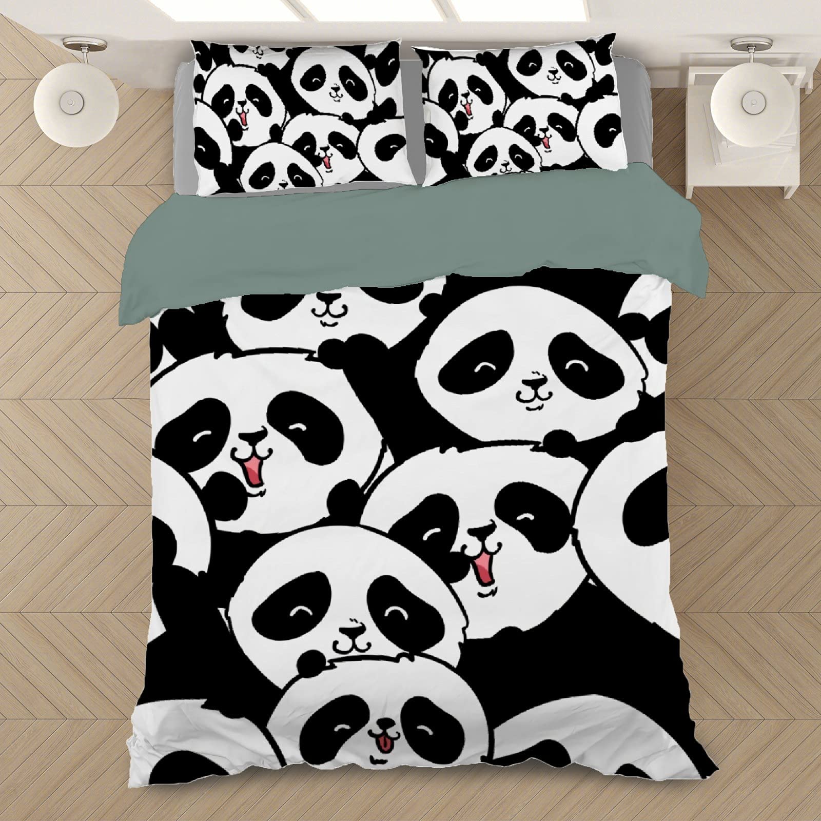 AIBILEEN Cute Panda Bear Comforter Bedding Set - King & Queen Size 3-Piece Duvet Cover Set with Zipper Closure, Ultra Soft Microfiber (1 Duvet Cover + 2 Pillowcases) - Perfect for Kids' Rooms, Nursery Decor, and Cozy Bedroom Makeovers