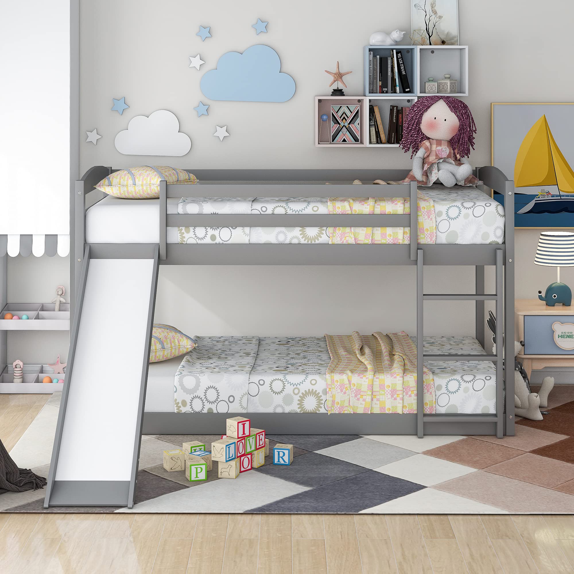 Convertible Twin Over Twin Bunk Bed with Slide - Wooden Low Loft Bed Frame with Safety Guardrails & Ladder for Kids, Teens, Boys & Girls - Grey | Space-Saving Kids Bedroom Furniture for Small Rooms, Dorms & Shared Spaces