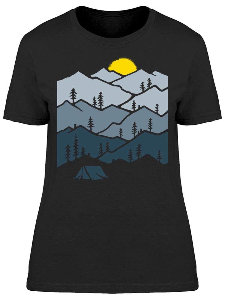 Women's Sunset Landscape Camp Tent Graphic Tee - Casual Outdoor Adventure & Travel Shirt for Hiking, Camping, and Road Trips