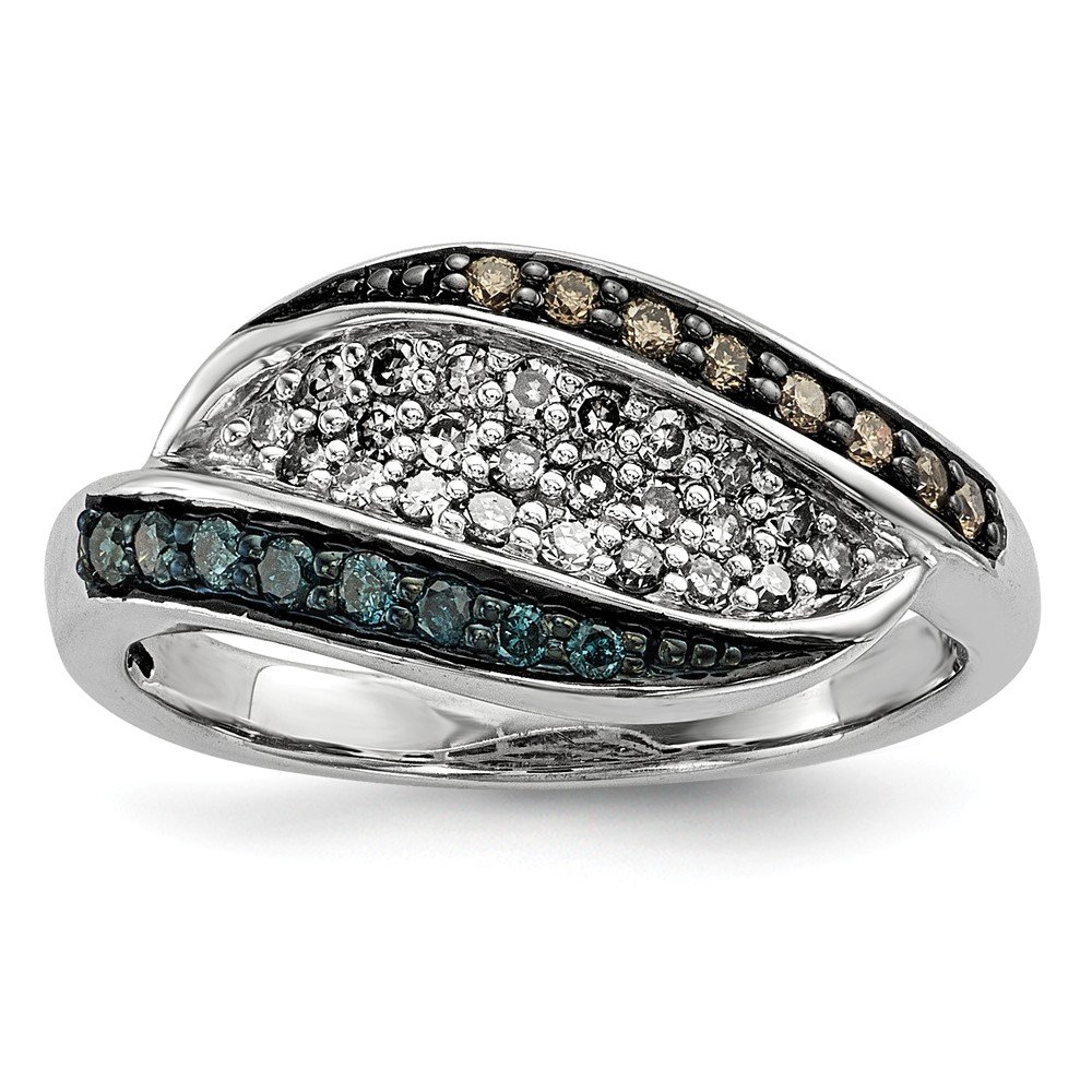 Vintage 925 Sterling Silver Ring with White, Champagne & Blue Diamonds (0.333 cttw) - Elegant Antique Band for Weddings, Anniversaries & Special Occasions