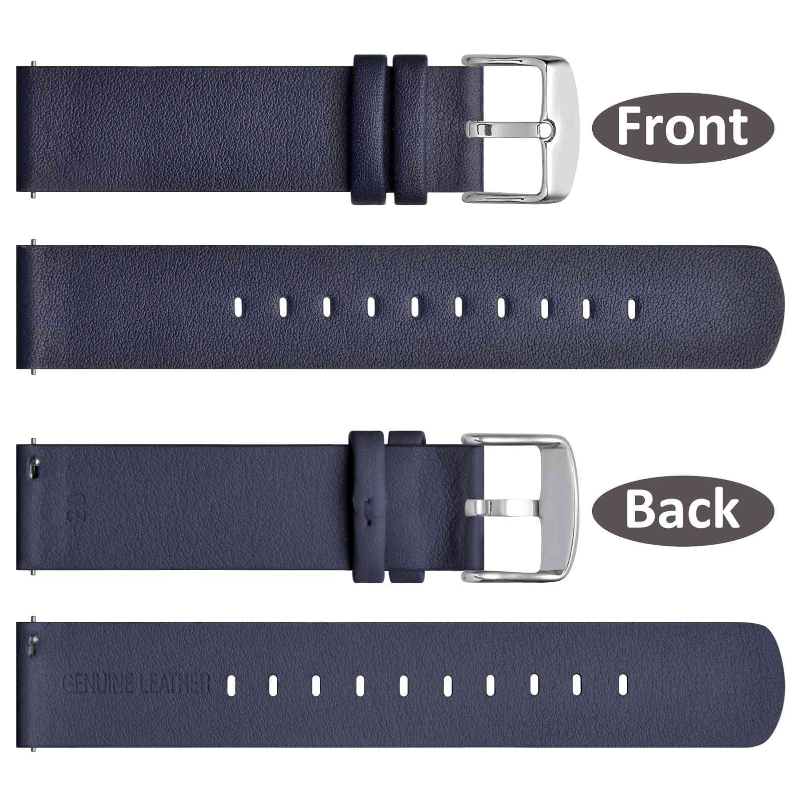 WOCCI 18mm Flexible Leather Watch Band for Smartwatch with Silver Buckle - Navy Blue Replacement Strap for Samsung Galaxy Watch, Fitbit & Wear OS - Perfect for Work, Gym & Casual Wear