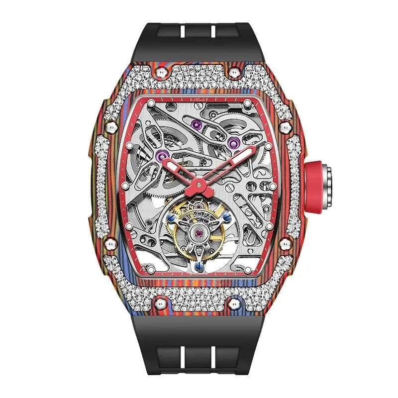 Haofa Automatic Tourbillon Watch - Luxury Carbon Fiber Diamond Case Skeleton Mechanical Watch with Sapphire Crystal, Waterproof & Luminous - Perfect for Business Meetings, Formal Events & Luxury Gift Giving (Model 1901-3)