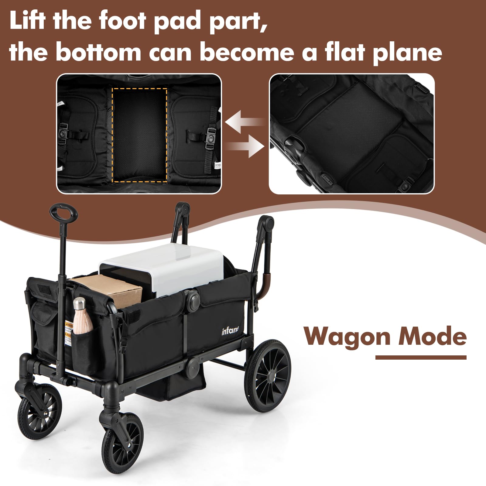 INFANS 2-in-1 Collapsible Stroller Wagon for Kids - Adjustable Push/Pull Handle, Removable Canopy & Snack Tray, Comfortable Upholstered Seats with Drop-Down Footwell - Perfect for Family Outings, Beach Trips and Park Adventures