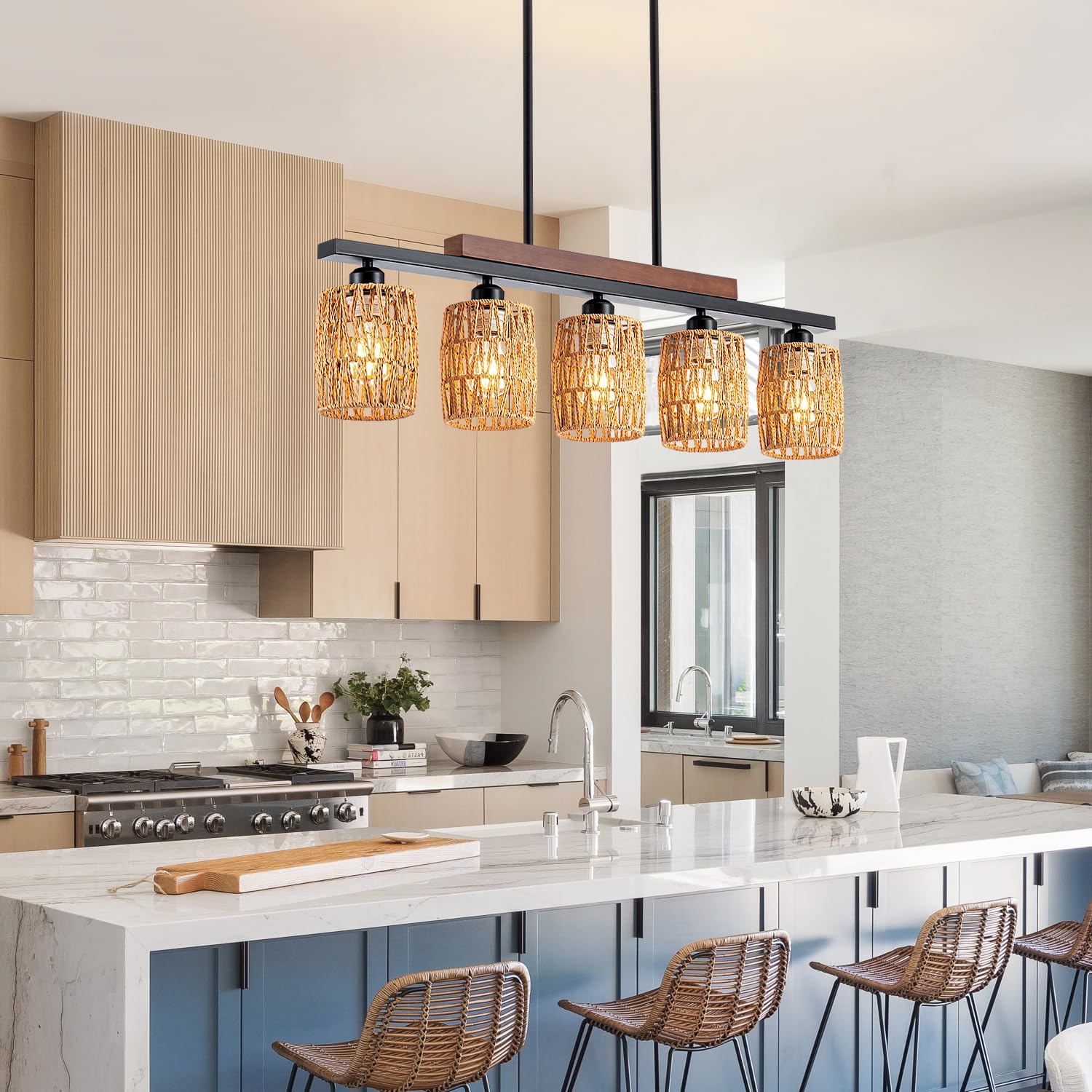 Rustic Rattan Farmhouse Chandelier - 5-Light Boho Dining Room Pendant Light with Adjustable Height, Wood & Matte Black Linear Hanging Fixture for Kitchen Island, Dining Table, or Living Room Decor