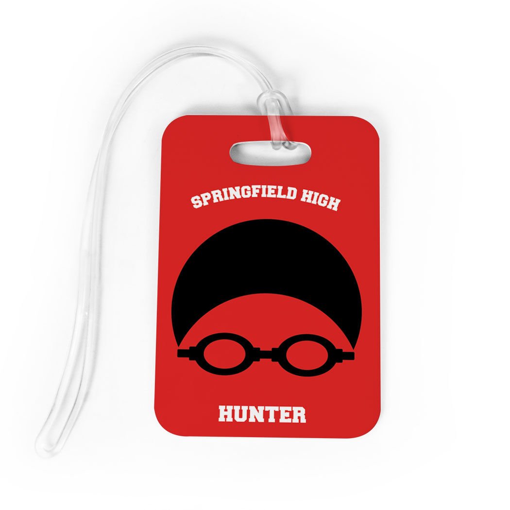 Personalized Swim Team Luggage Tag & Bag Tag - Custom Swimming Goggles & Cap with Standard Lines - Medium Size Red/Black - Perfect for Swim Meets, Team Travel & Poolside Organization