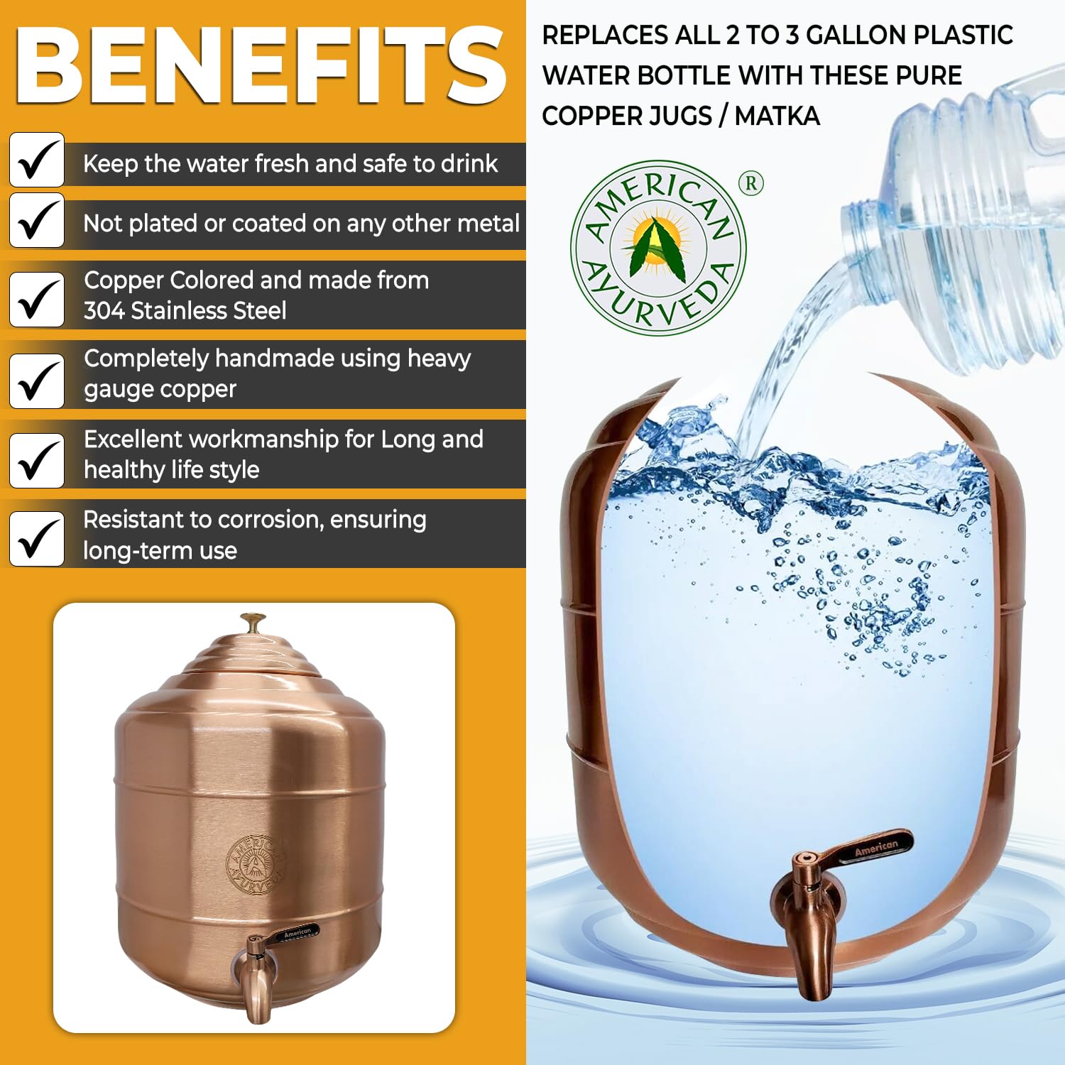 100% Pure Copper Water Dispenser Storage Tank with Stainless Steel Faucet & Lid - 3.17 Gallon (12L) Healthy Organic Water Container for Yoga, Meditation & Home Wellness