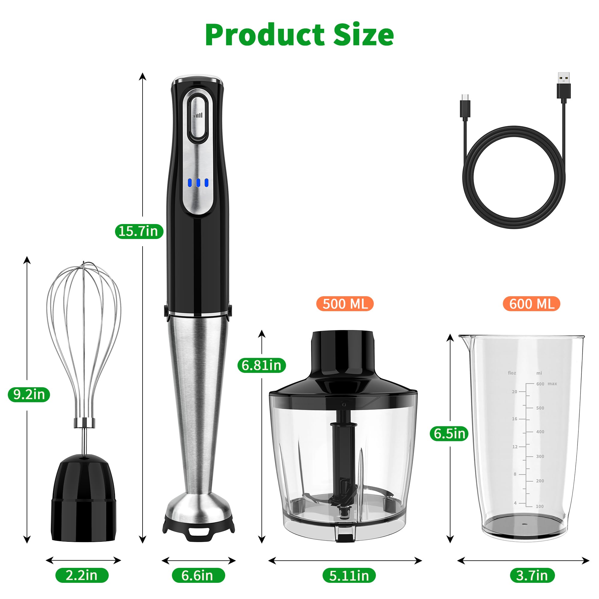 Rechargeable 4-in-1 Cordless Immersion Blender with Stainless Steel Blade - Handheld Electric Stick Blender with Chopper, Beaker & Whisk - Perfect for Soups, Baby Food, Smoothies & Kitchen Blending Tasks