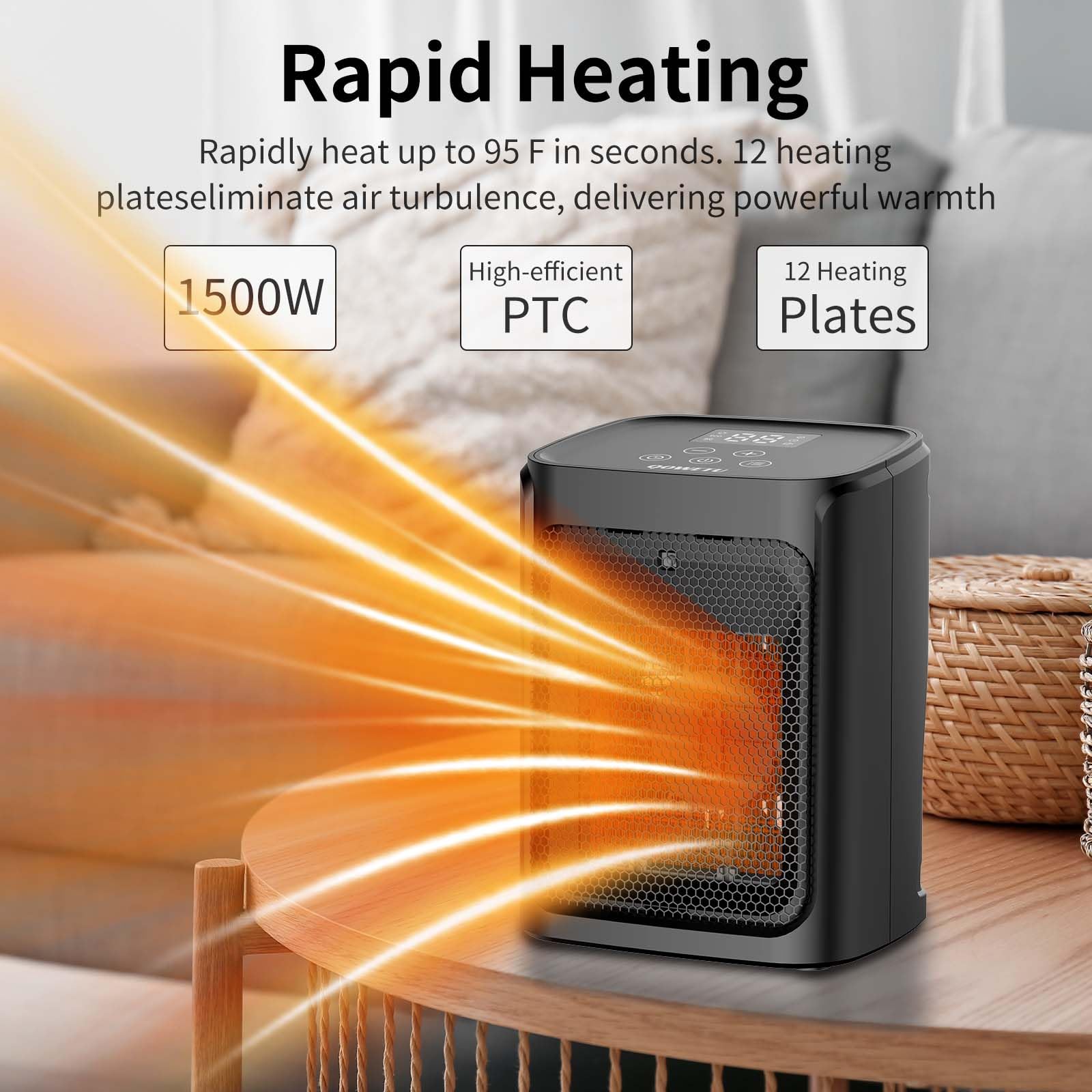 Compact Ceramic Space Heater with 4 Heat Settings & Fast Heating - Overheat & Tip-Over Protection, Auto Shut-Off Timer - Perfect for Bedroom, Office & Small Rooms (White)