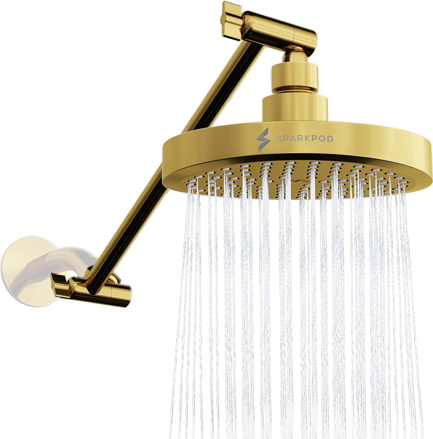 SparkPod Luxury Gold Rain Shower Head with Adjustable Shower Arm Extension - High Pressure Bathroom Fixture for Spa-Like Experience | Perfect for Master Bath & Modern Home Renovation