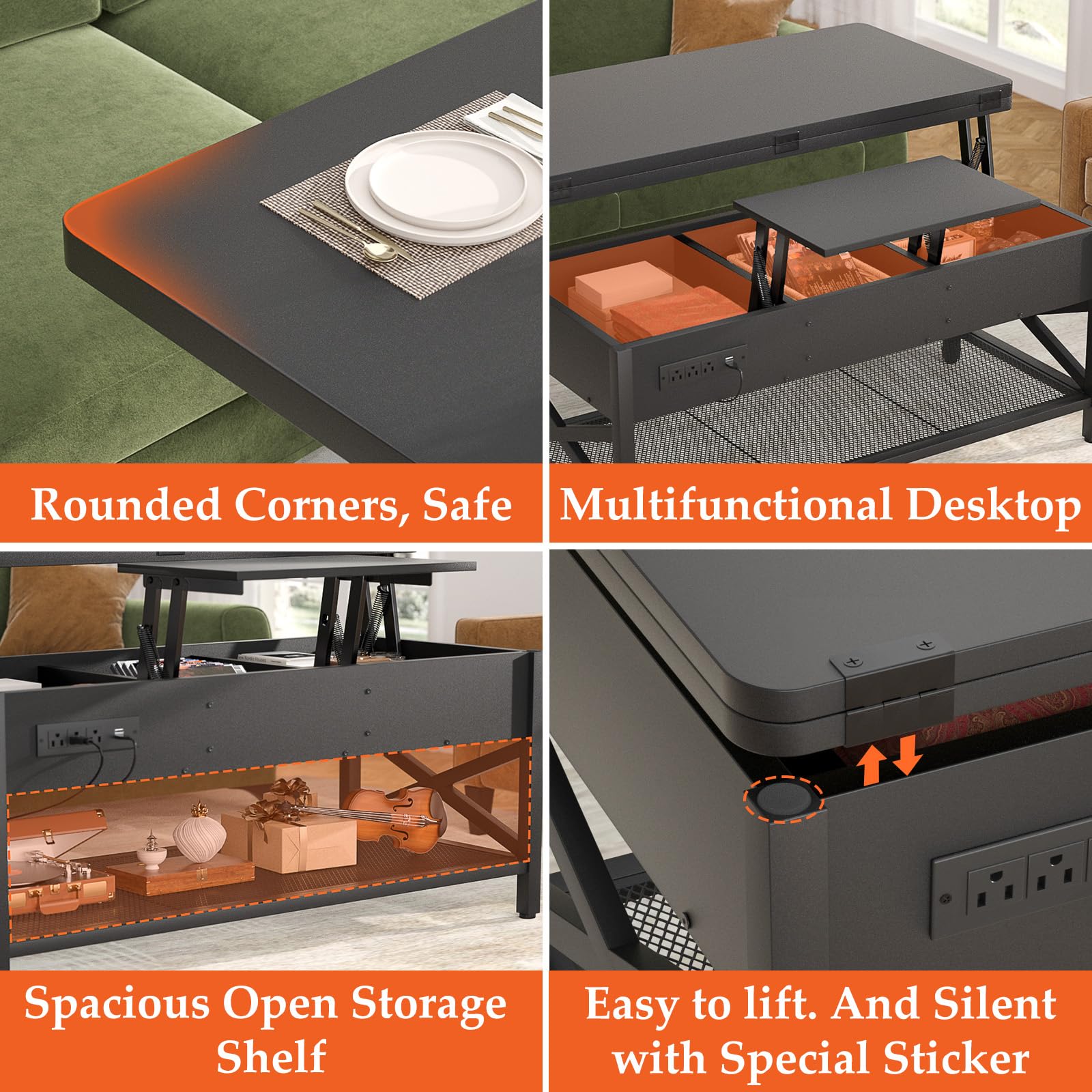 Aheaplus Lift Top Coffee Table with LED Light & Power Outlet - Convertible to Dining Table, Multi-Functional Center Table with Storage Shelves for Living Room, Home Office & Reception Areas - Perfect for Small Spaces, Entertaining Guests & Remote Work (Black)