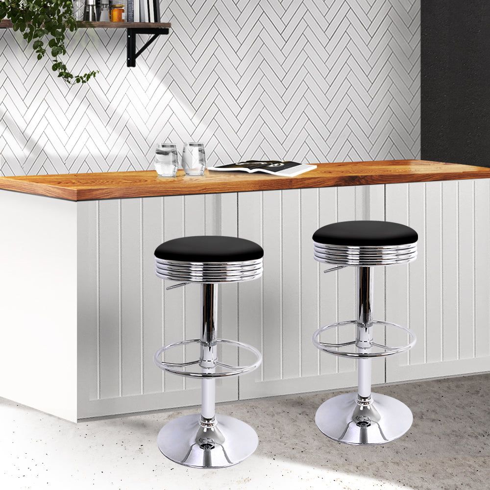 Modern Backless PU Leather Bar Stools with Chrome Base - Set of 2 for Kitchen Island, Breakfast Nook & Home Bar - Black & Chrome
