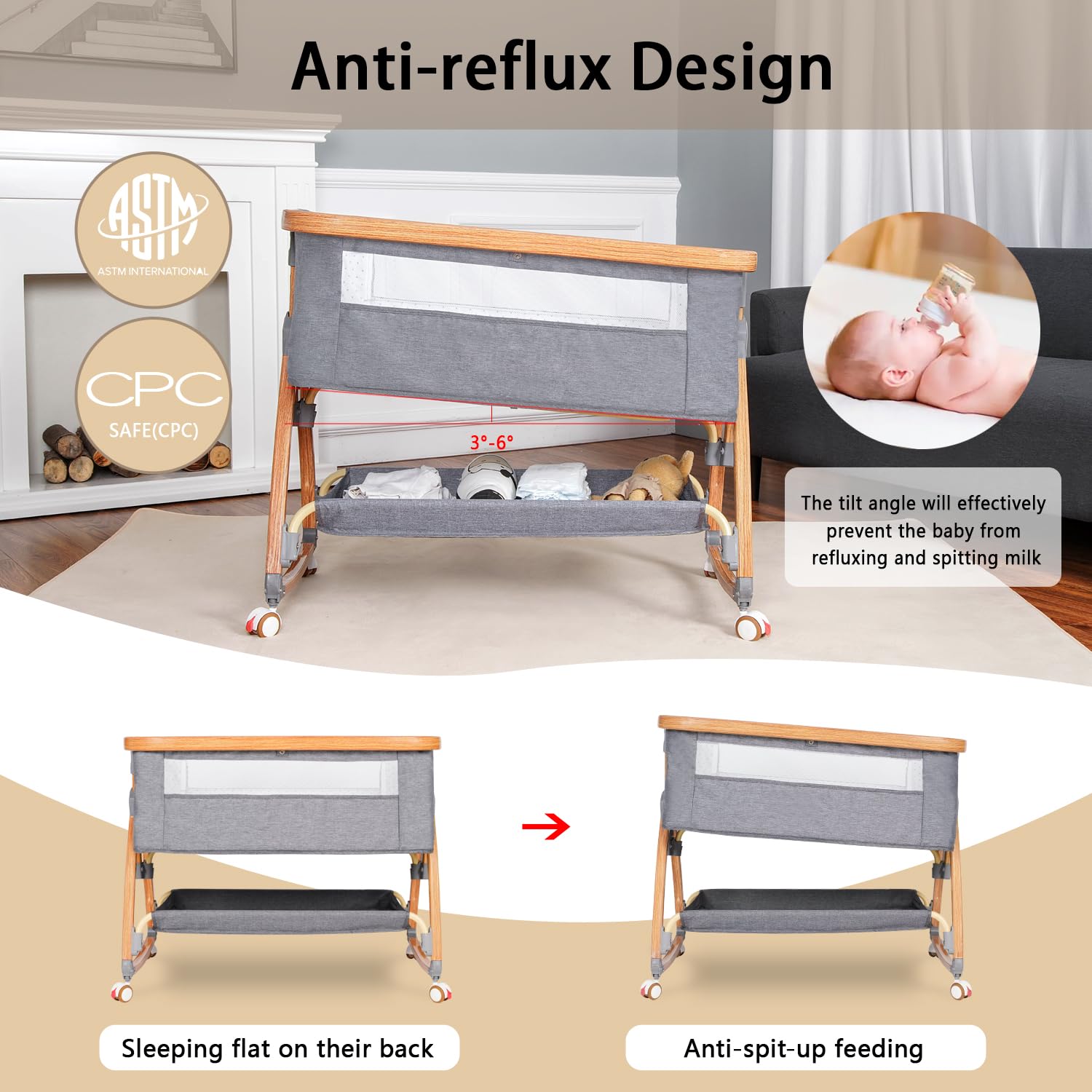 Adjustable Baby Bassinet Bedside Sleeper with Wheels & Mosquito Net - 6 Height Positions, 3-in-1 Portable Crib for Newborns, Infants & Toddlers (Light Grey) | Perfect for Nursery, Bedroom Co-Sleeping & Travel