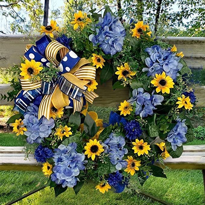 14 Inch Artificial Blue and Yellow Sunflower Wreath - Ukraine Inspired Farmhouse Door Decor for Spring, Summer & Fall - Perfect for Front Door, Porch, Wall & Cottage Decorations
