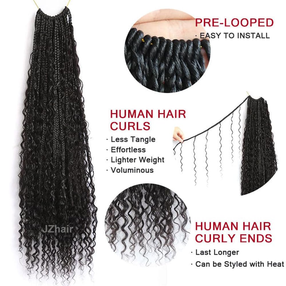 Pre-Looped Crochet Boho Box Braids with Human Hair Curls - 18 Inch Natural Color Hair Extensions for Women (2 Pack, 80 Strands) - Perfect for Protective Styling, Everyday Wear & Special Occasions