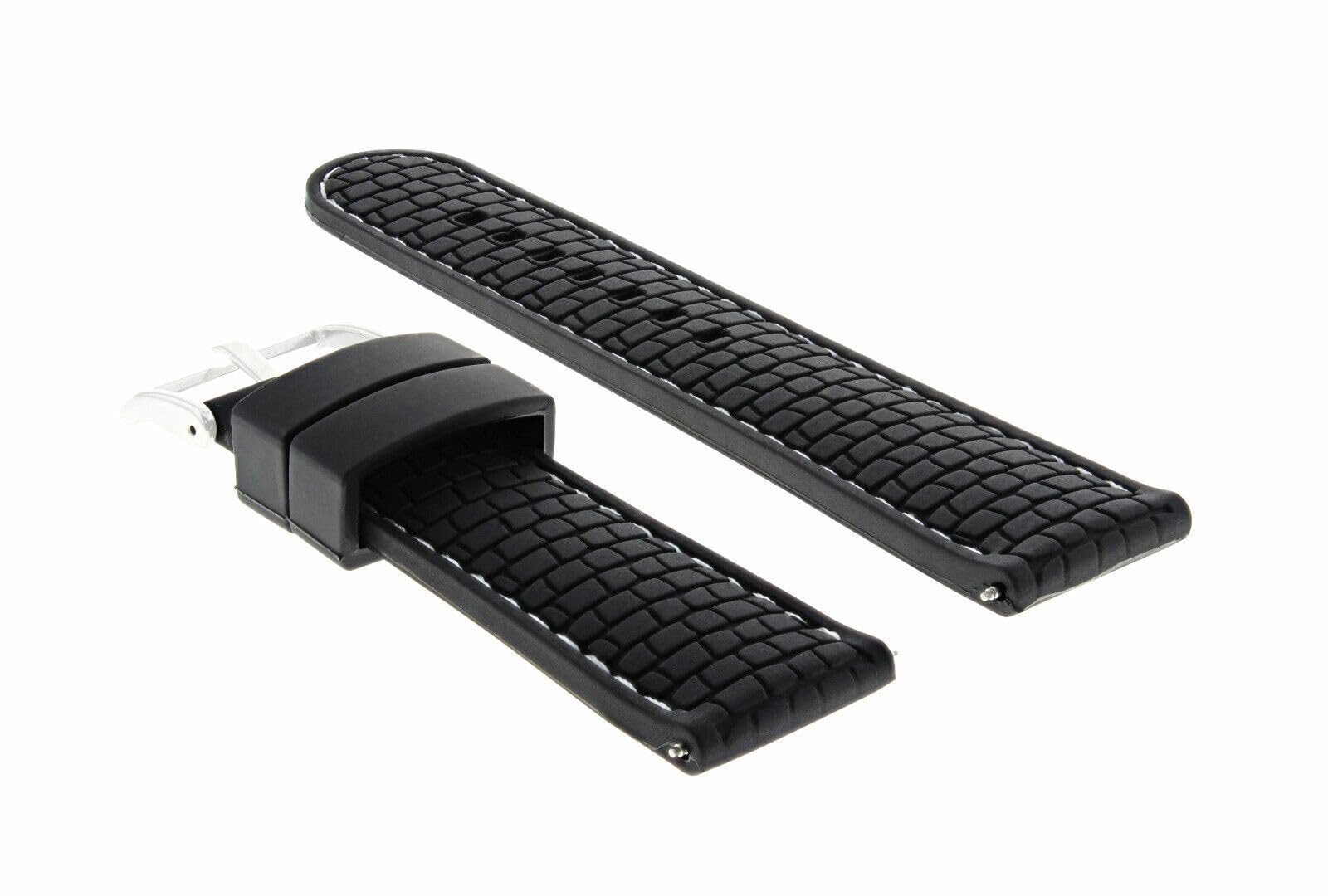 24mm Black Rubber Strap for Fossil Watch - White Stitching | Durable Replacement Band for Casual & Sports Wear