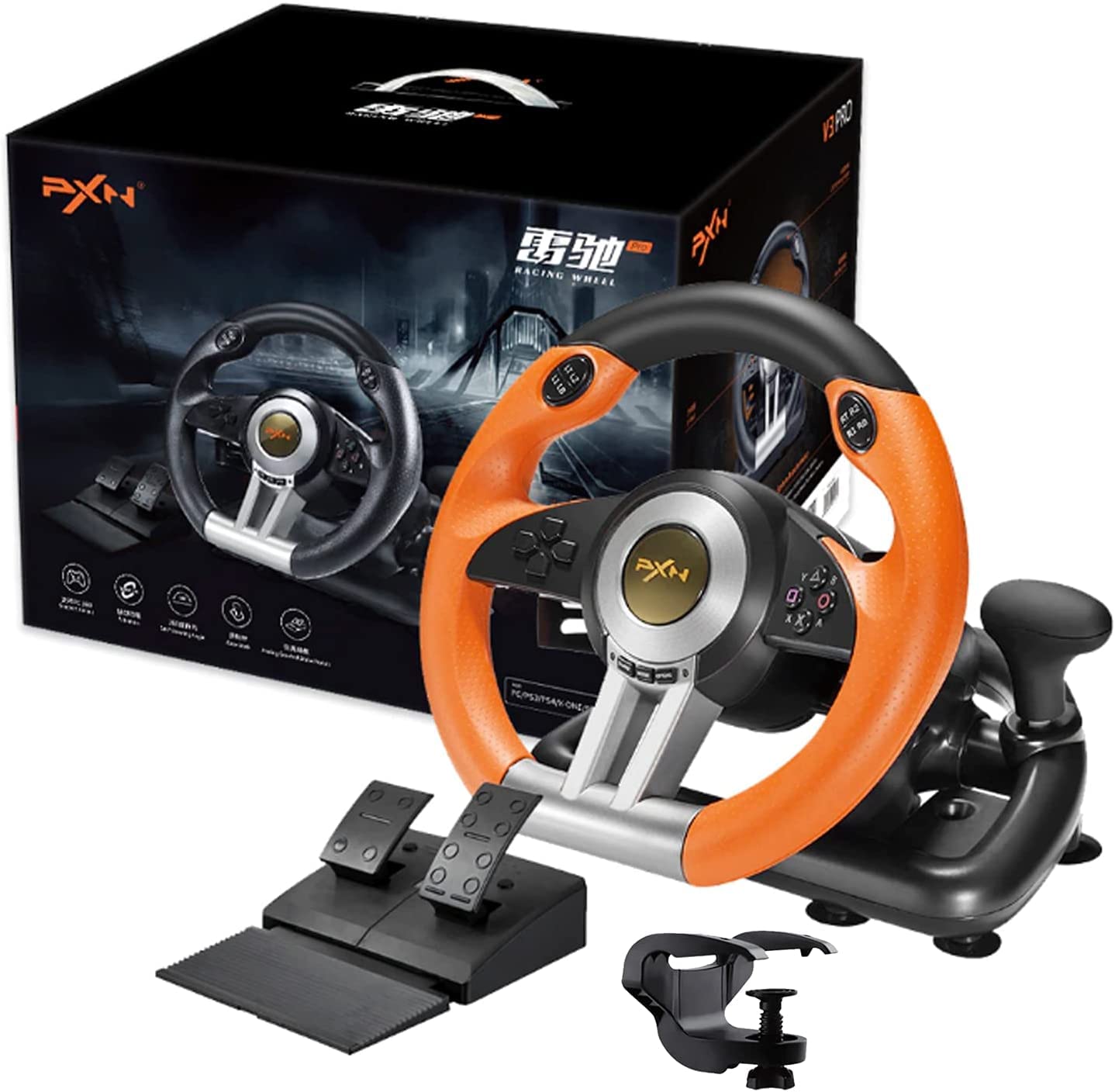 PXN V3 Pro Racing Wheel - 180° Steering Wheel for PS3, PS4, Xbox One, Xbox Series X/S, Nintendo Switch & PC - with Paddle Shifters, Gear Stick & Adjustable Pedals (Orange) - Perfect for Racing Games & Simulation Driving