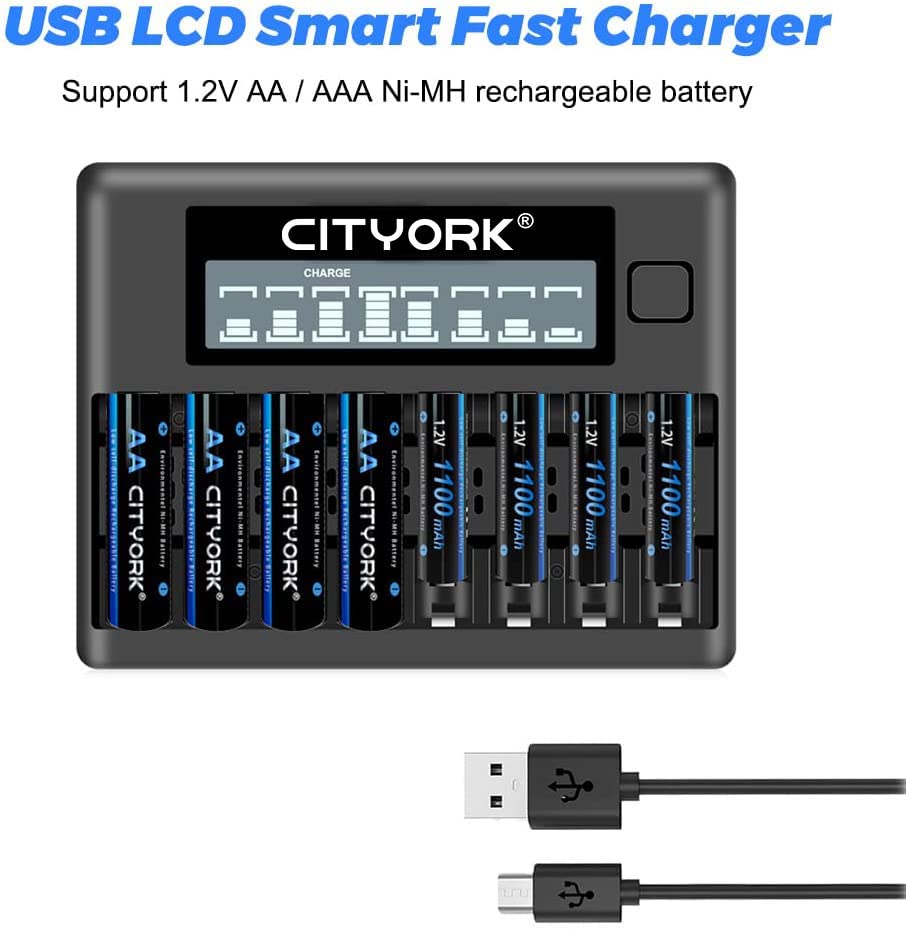 CITYORK 12 Pack AAA 1100mAh Rechargeable Ni-MH Batteries with 8 Bay Smart LCD Charger - Low Self-Discharge 1.2V Batteries for Cameras, Toys, Flashlights & Electronics - Includes AA/AAA Battery Charger with Independent Slots