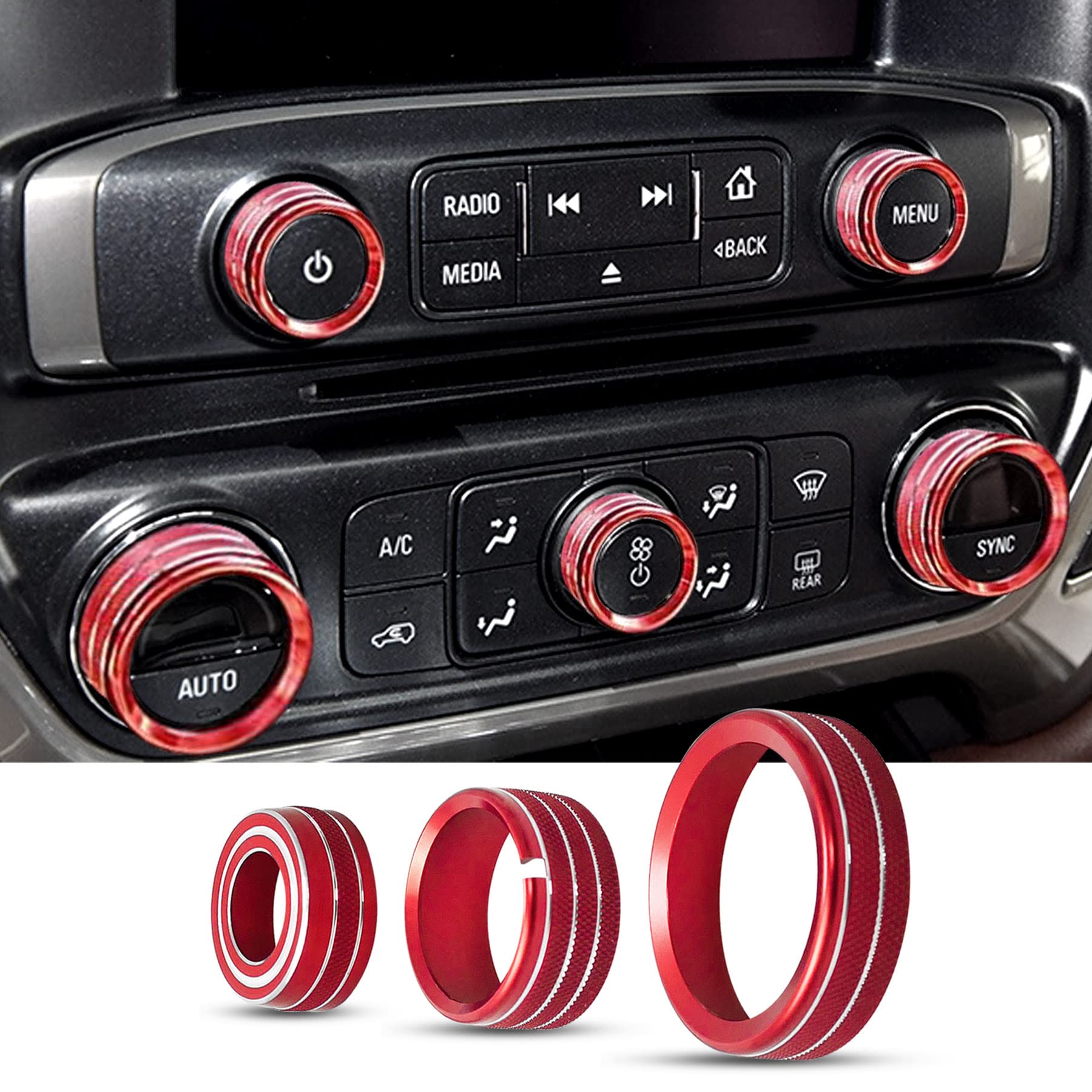Premium Aluminum Alloy AC Knobs & Center Console Switch Button Covers for Chevy Silverado & GMC Sierra 2014-2018 - 8PCS Red (Upgrade Interior, Easy Installation) - Perfect for Off-Roading, Daily Commuting & Custom Car Modifications